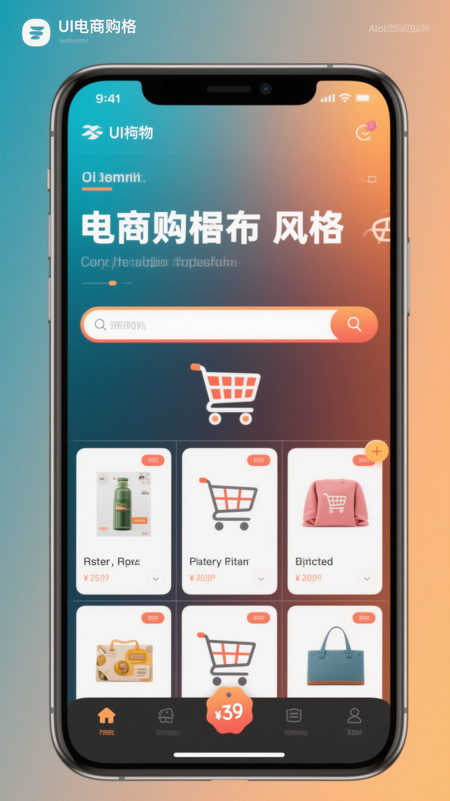 UI手机效果图,电商购物应用UI样机,渐变背景配产品展示卡片,购物车图标,价格标签设计,搜索栏布局,底部导航菜单,商品网格排列,手机正面展示,温暖光线,电商平台风格