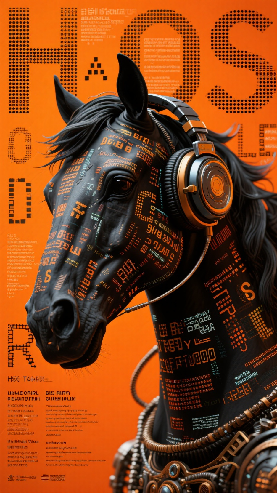 创意海报马,大师级排版,极繁主义,半调图案,杂色,丝网印刷质感。重叠边缘色彩渐变,同位色渐变色系,点线面层次分布。蒸汽朋克风海报场景:背景以亮橙(rgb(255,140,0))为主色调;主体是黑骏马的头部巨大形象,头戴科幻耳机,画面布满多语言文字信息、巨型艺术化字母与细节元素,整体通过高对比色彩、文字与潮流视觉符号,头部营造出充满个性与未来感的赛博朋克氛围,突出科幻风格的融合冲击。出一种动态立体感效果的画面。3d渲染。4K