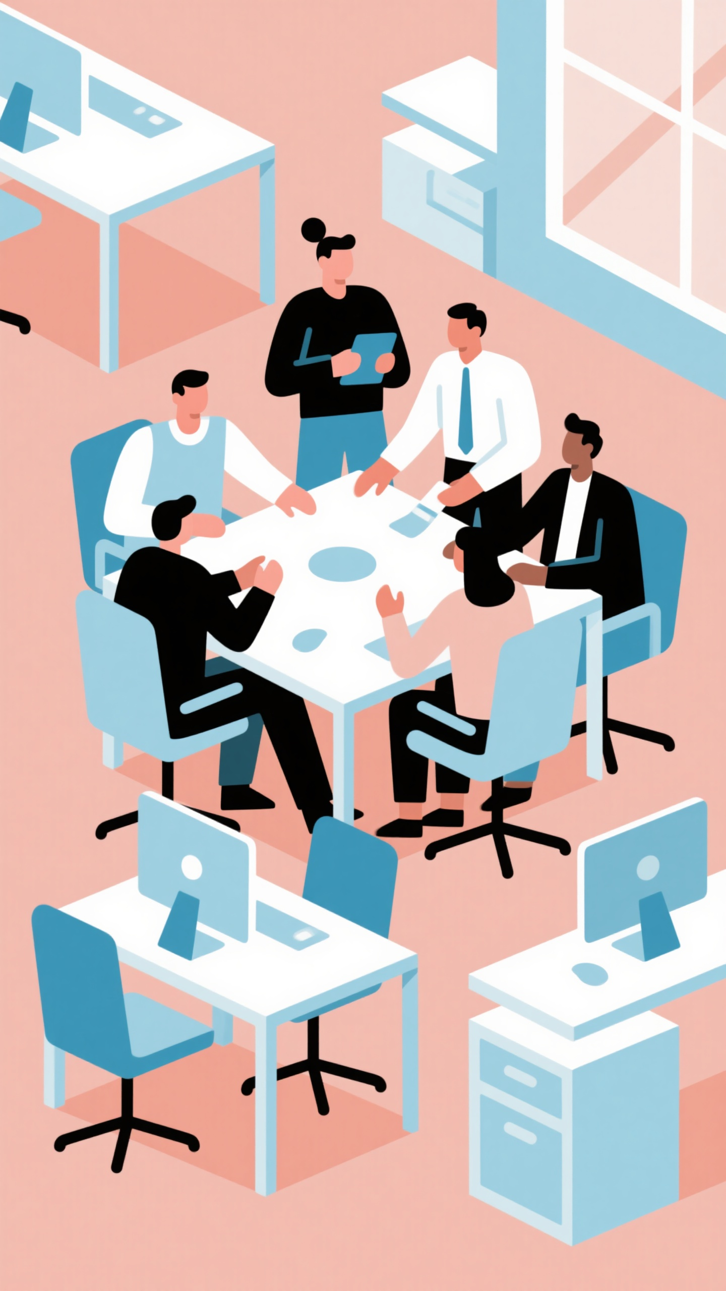 简约运营商用插画,简约商用插画,扁平化设计风格,主题为团队协作,画面描绘简化的人物形象在办公环境中协作,几何化的桌椅和电脑设备,浅蓝色和白色为主色调,线条简洁流畅,无复杂细节,现代办公场景,积极向上的工作氛围,矢量图形风格