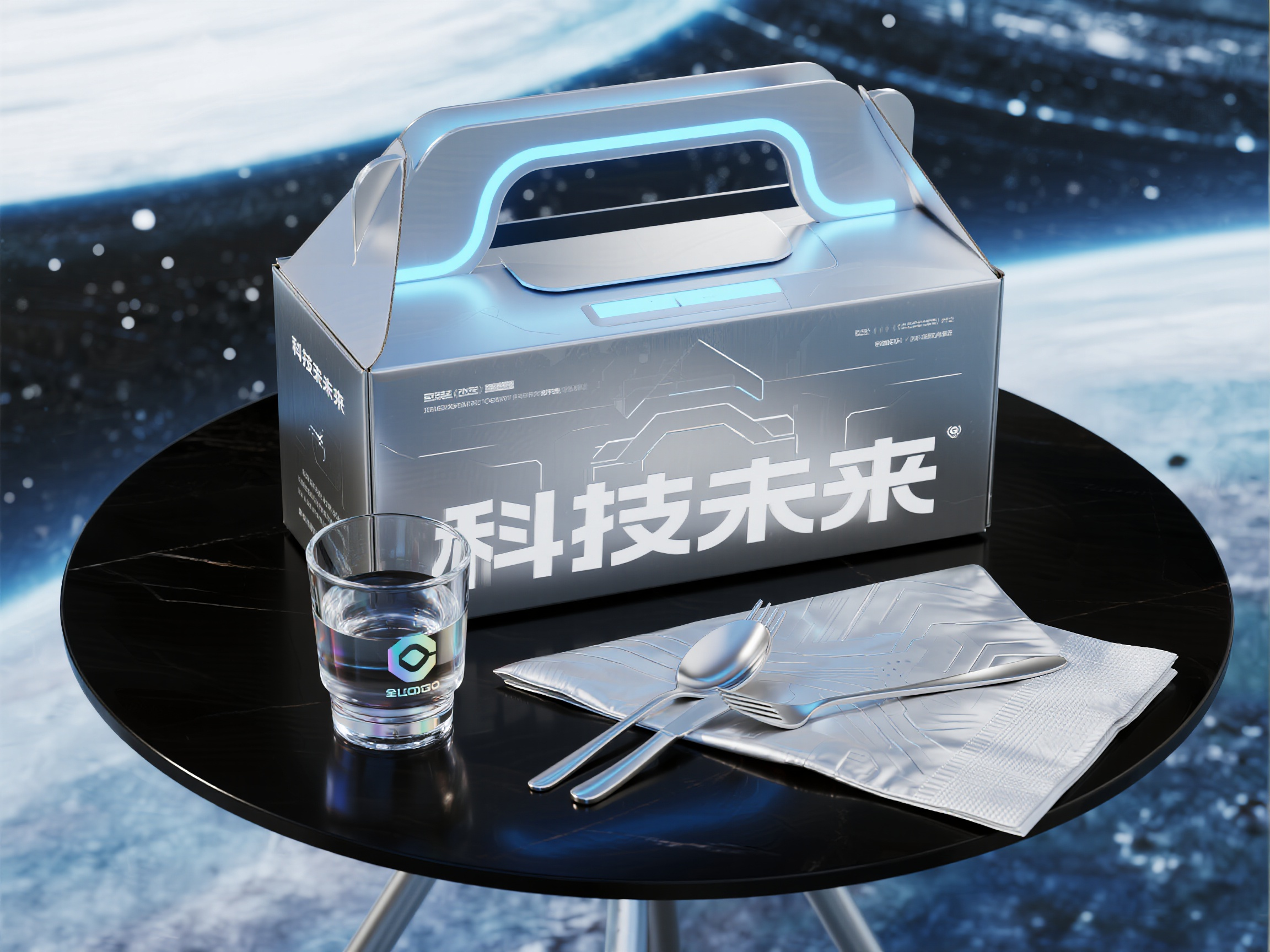 品牌餐具样机包装,科技未来包装样机,银色金属质感礼盒配蓝色LED装饰,透明水杯带全息LOGO,银色未来感餐具,科技纹理餐巾纸包装,全息效果名片,深空背景配蓝色光效,科技未来风格