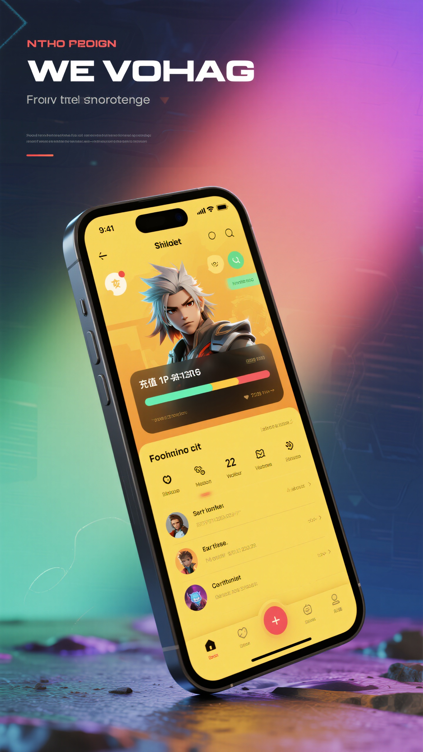 UI手机效果图,游戏娱乐UI样机,炫彩渐变背景配科幻元素,游戏角色头像,等级进度条,技能图标设计,排行榜界面,充值按钮特效,手机倾斜展示,霓虹游戏光效,电竞游戏风格