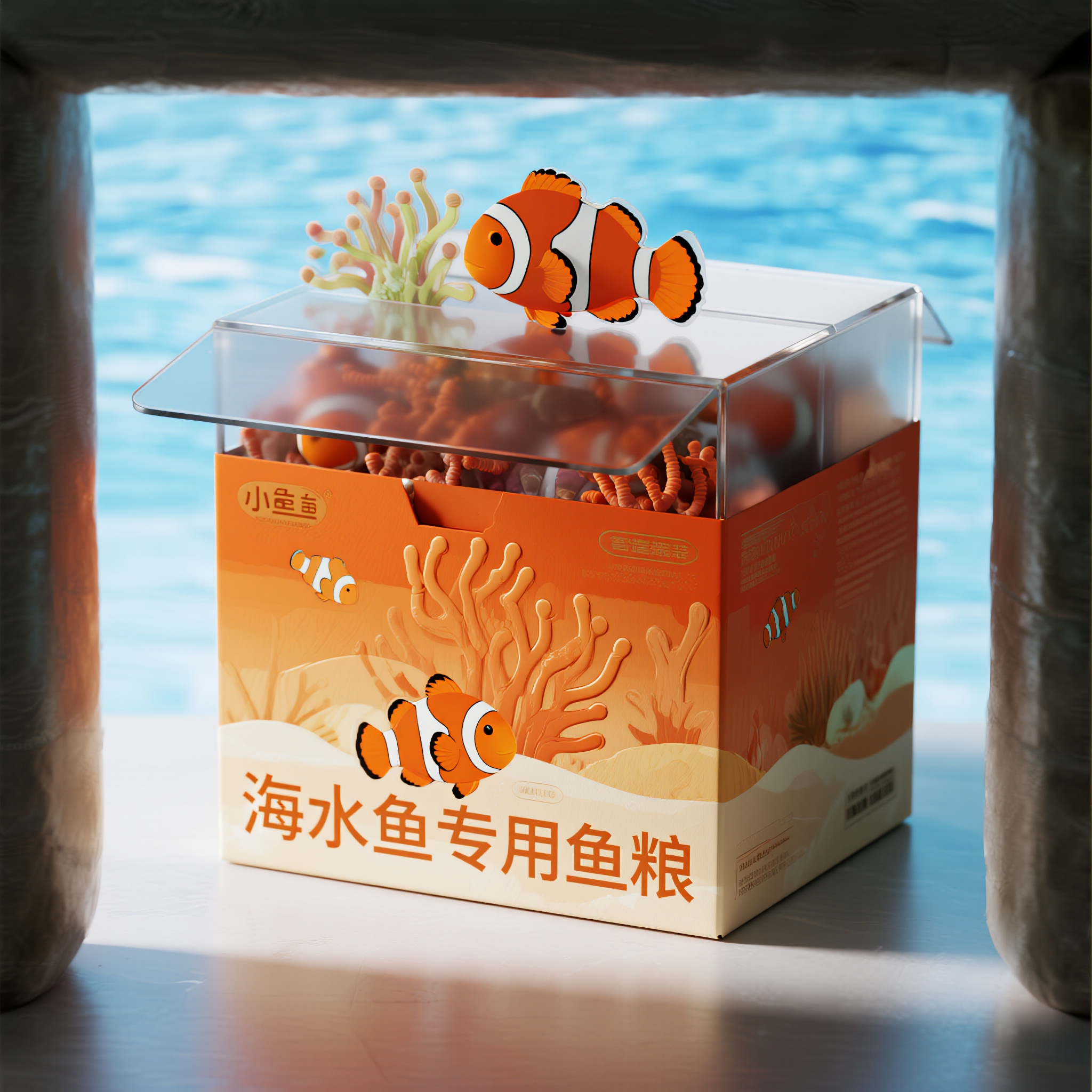 观赏鱼粮电商主图,海水鱼专用鱼粮包装,珊瑚橙色渐变设计,立体浮雕海底景观,小丑鱼和海葵装饰图案,钻石切面反光效果,高级密封条设计,产品斜角摆放,海洋蓝背景光效,热带海洋风情