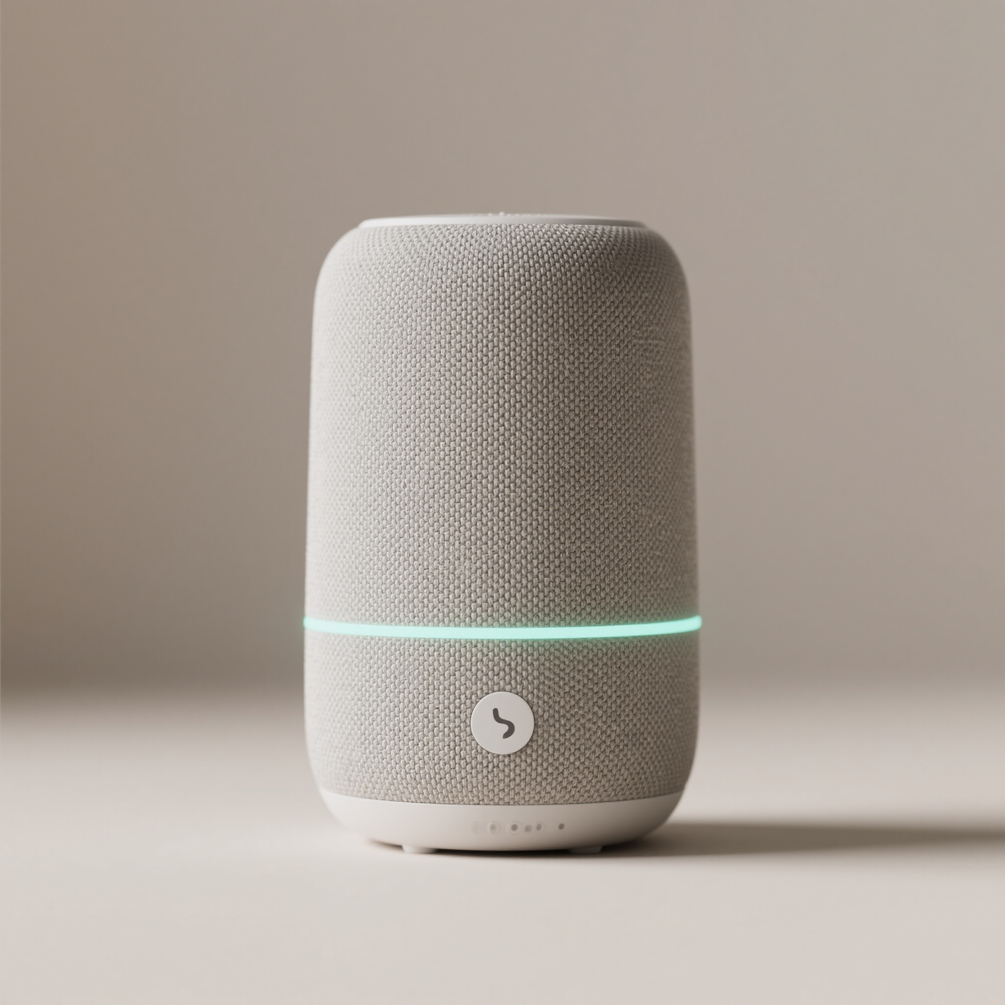 电商主图蓝牙音箱,数码产品电商主图,智能音箱,圆柱形设计,织物表面材质,LED指示灯,现代家居科技,语音助手概念,产品正面展示,简约背景