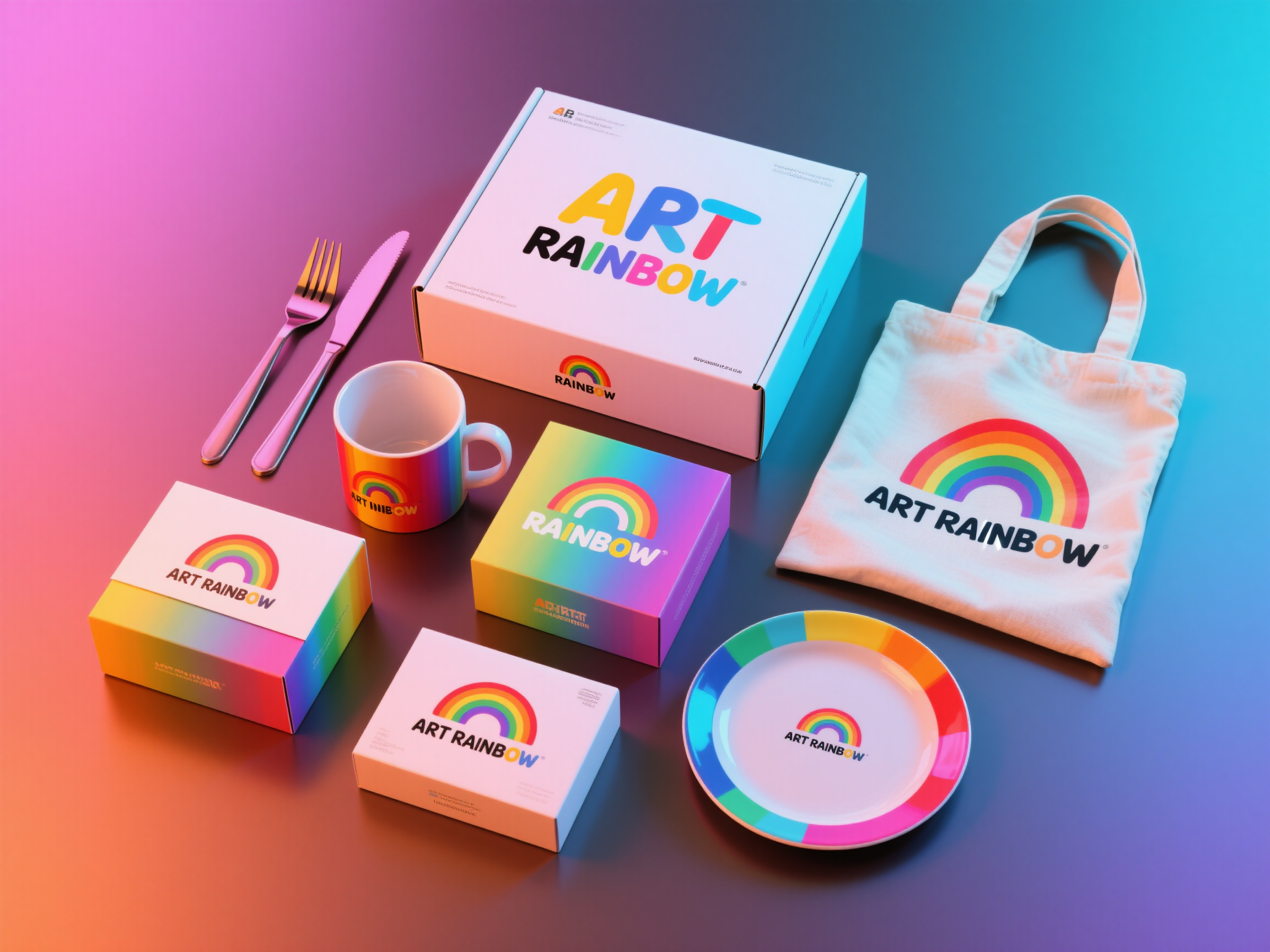 品牌包装样机,艺术品牌包装集合样机,包含彩色渐变刀叉、彩虹色马克杯、多彩方形盒、彩色帆布袋、彩边碟子、渐变长条盒,统一印有彩色艺术logo"ART RAINBOW"调色板图标,创意背景,彩色照明,艺术创意风格