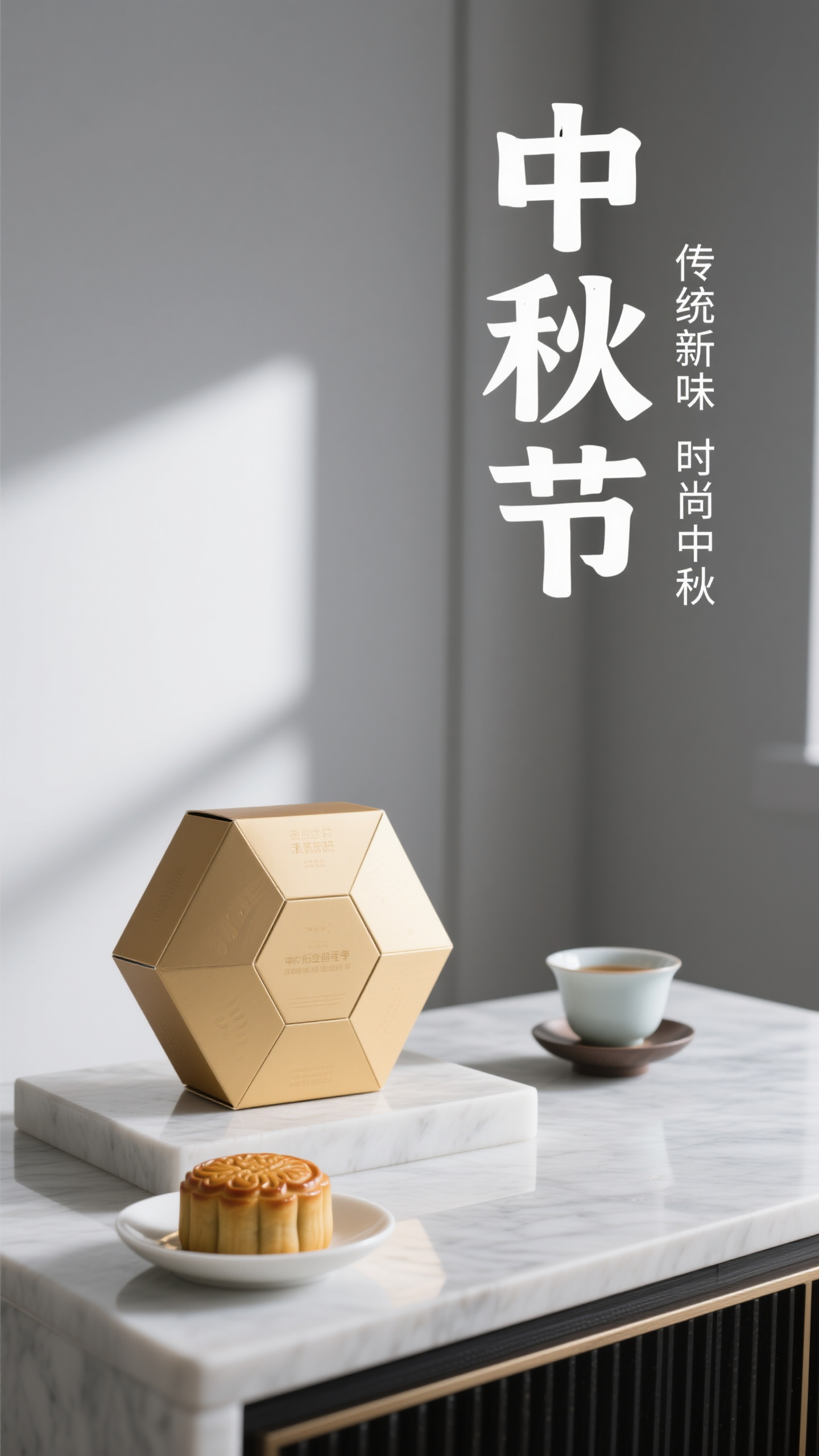 中秋节海报简约礼盒,中秋节海报设计,现代摄影风格,主标题"中秋节"位于画面右上角,极简字体,白色字体带阴影。主体是创意月饼造型,现代包装设计,几何形状切割,放置在大理石台面上,配以时尚茶具。背景是简约室内空间,自然光线。副标题"传统新味 时尚中秋"位于左下角。现代摄影,冷色调,灰白和金色搭配,时尚简约