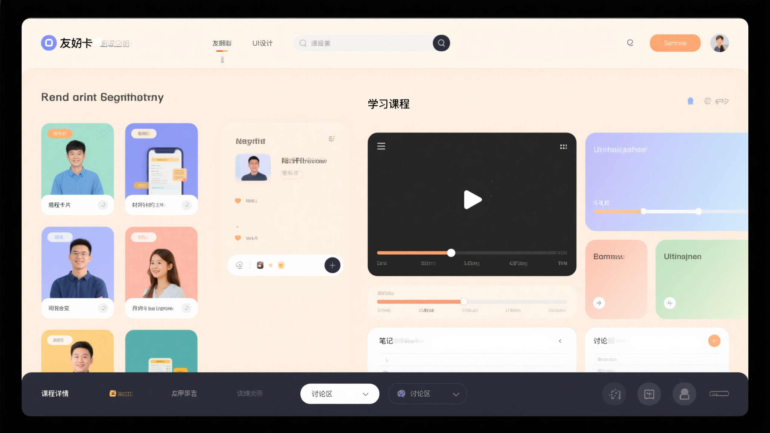 电脑UI界面教育平台,在线教育平台UI界面,友好明亮设计,课程卡片展示,学习进度条,视频播放器,笔记功能,讨论区域,知识点导航,教育类应用风格,温馨学习氛围