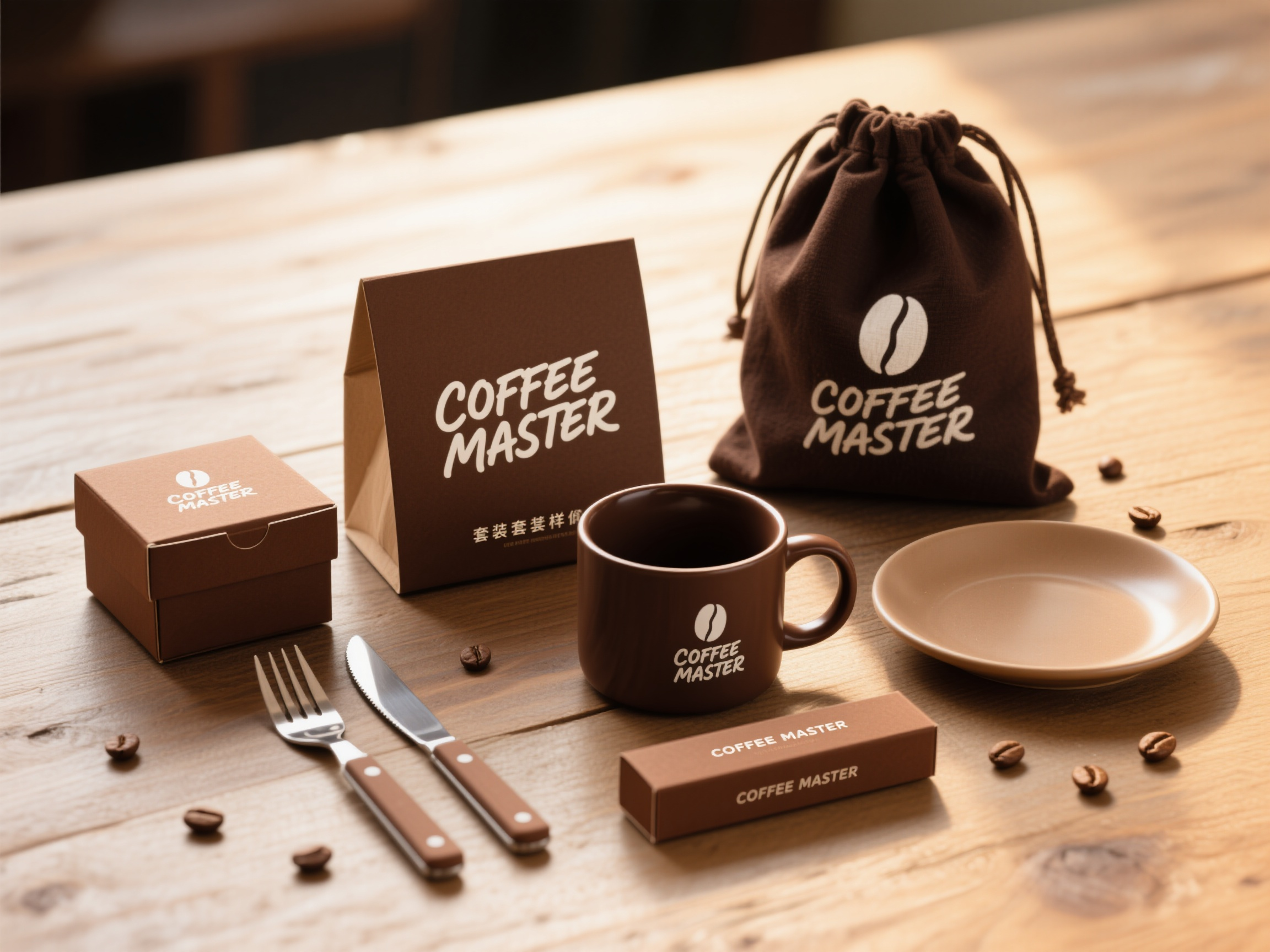 品牌包装样机,咖啡品牌包装套组样机,包含棕色刀叉、深棕色马克杯、咖啡色方形盒、深棕帆布袋、奶咖色碟子、棕色长条盒,所有物品印有白色咖啡logo"COFFEE MASTER"咖啡豆图标,木质背景,温暖灯光,咖啡文化风格