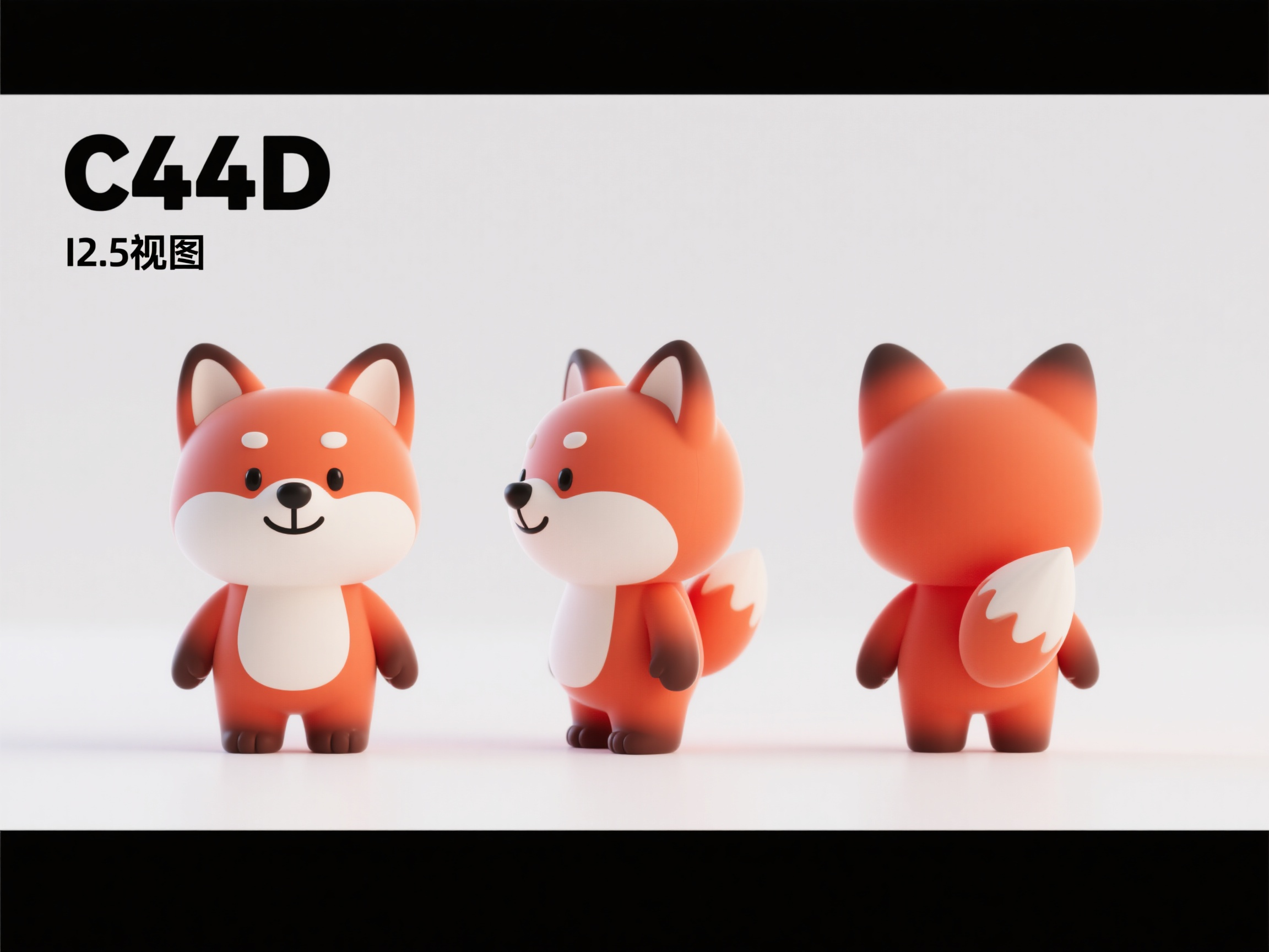 动物IP狐狸,C4D建模风格,OC渲染,可爱小狐狸IP形象三视图,2.5头身比例,正面侧面背面视图。3D渲染质感,圆润造型,橙红色毛发,白色胸前和尾巴尖,黑色小鼻子,温和微笑表情,双手自然放在身体两侧,站立姿势。中近距离景深,柔和光影,材质细腻,白色背景,立体感强烈