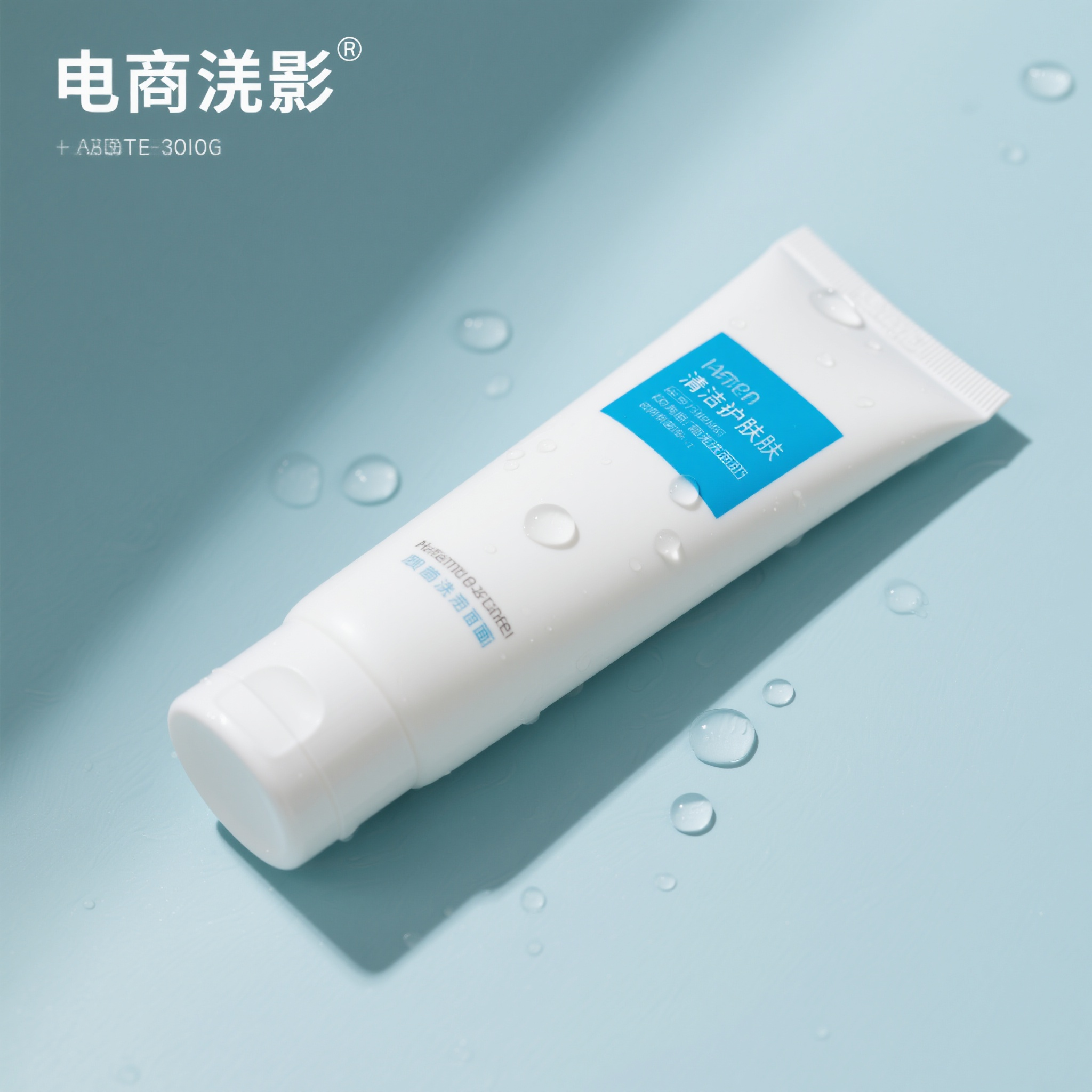 电商主图洗面奶,护肤品电商主图,洗面奶管装,白色简约包装,蓝色文字设计,清洁护肤感,水滴装饰效果,产品斜放展示,清新背景色