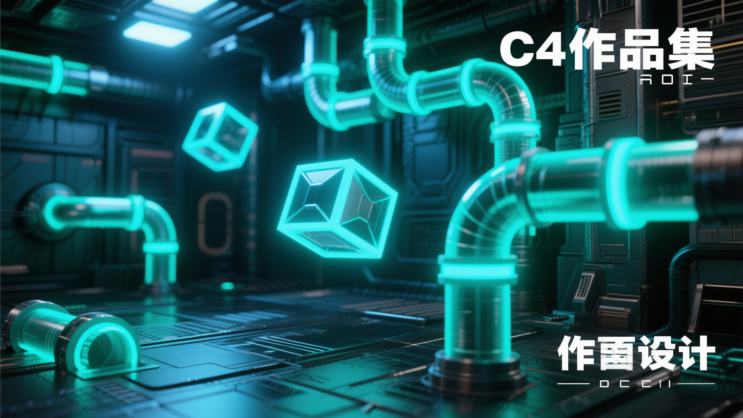 作品集,C4D建模场景,OC渲染,作品集封面设计,未来科技风格,发光的几何管道和悬浮元素,霓虹蓝绿色光效,暗色金属基底,中近距离景深,动态构图,赛博朋克美学,高端视觉效果