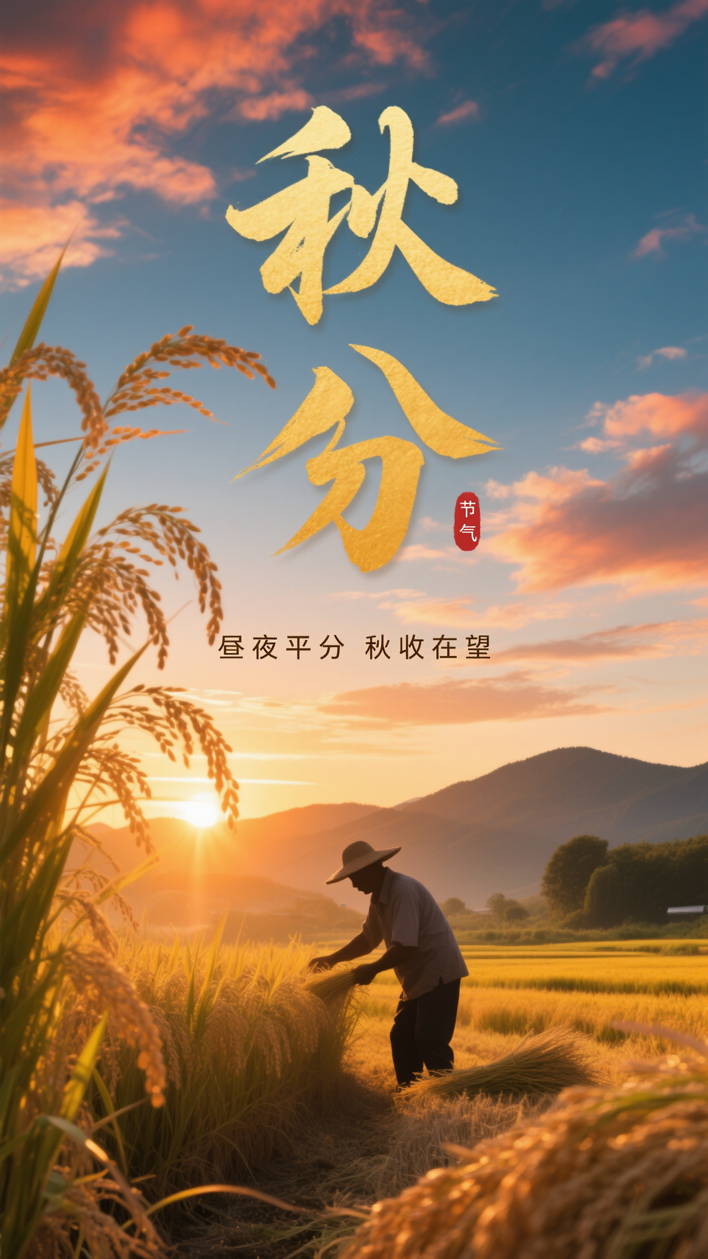 秋分海报摄影,秋分节气海报设计,摄影写实风格,主标题"秋分"位于画面上方,优雅书法字体,金黄色字体效果。主体是金秋稻田景象,稻穗成熟低垂,夕阳西下,温暖光线透过稻田,远山如黛。农夫剪影在田间收获,天空云彩绚烂。副标题"昼夜平分 秋收在望"位于下方,小号字体。专业摄影,暖色调,金黄和橙红配色,丰收喜悦氛围