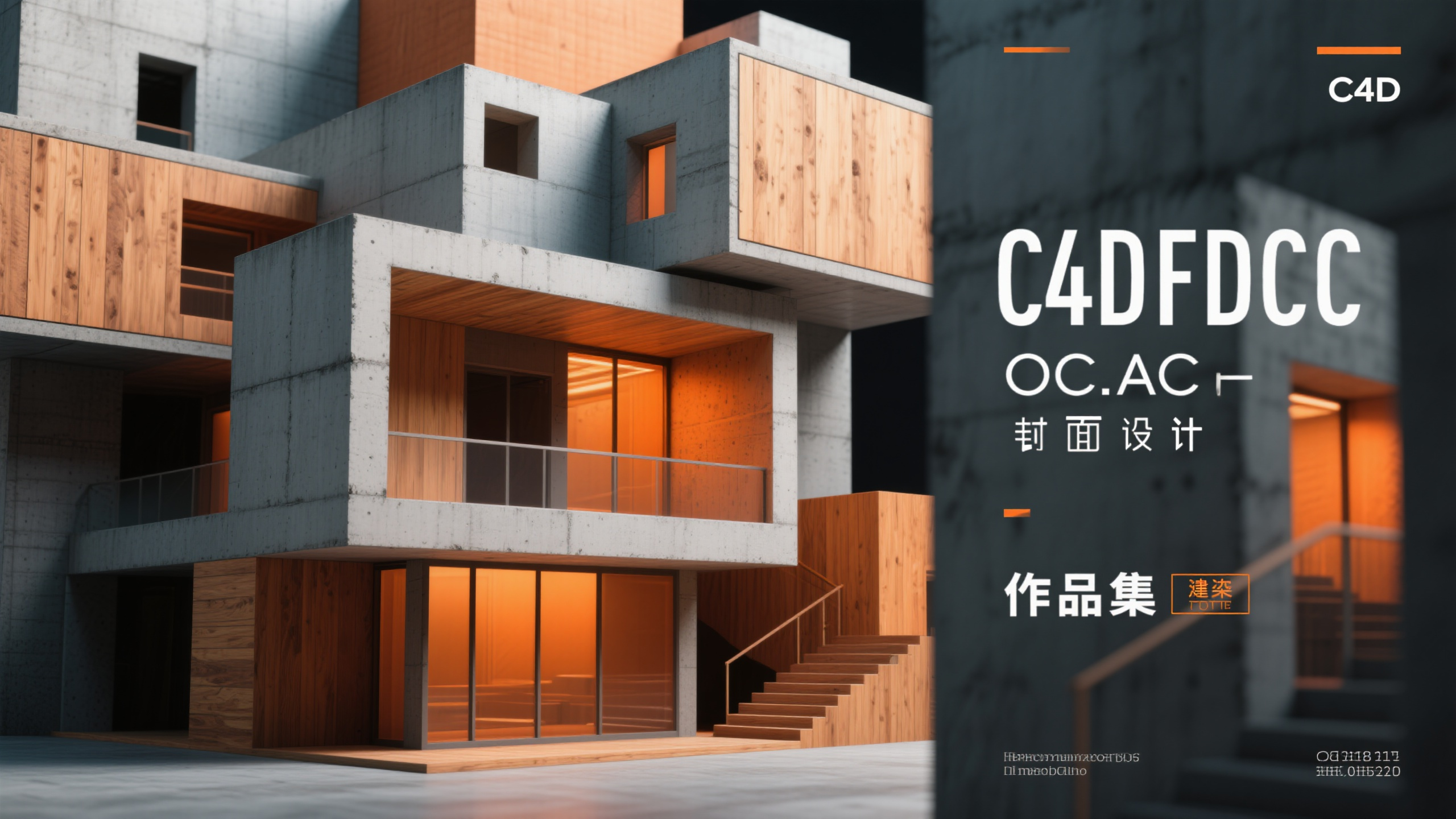作品集,C4D建模场景,OC渲染,作品集封面设计,建筑风格几何体,混凝土纹理和木质材质,暖橙色与深灰色搭配,立体层次感,中近距离景深,建筑摄影风格,工业设计美学