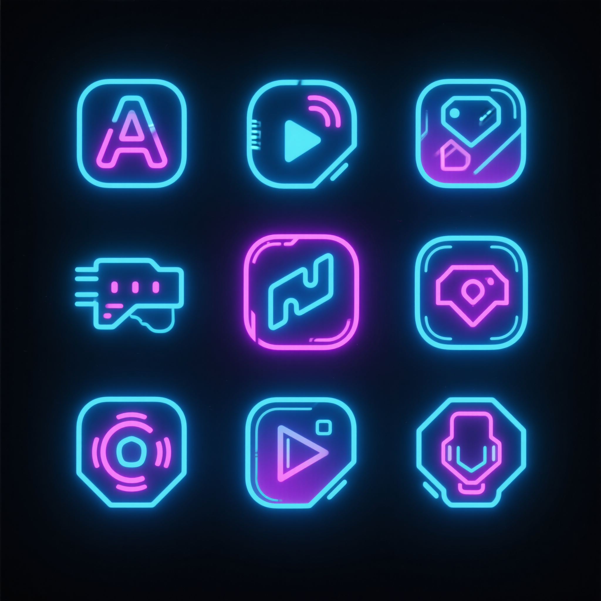 UI简约图标霓虹灯,霓虹发光APP图标,9个炫酷图标,电子发光效果,赛博朋克风格,蓝色和紫色霓虹光,暗黑背景,未来科技感,包含游戏、科技类图标,发光边缘效果,数字时代美学