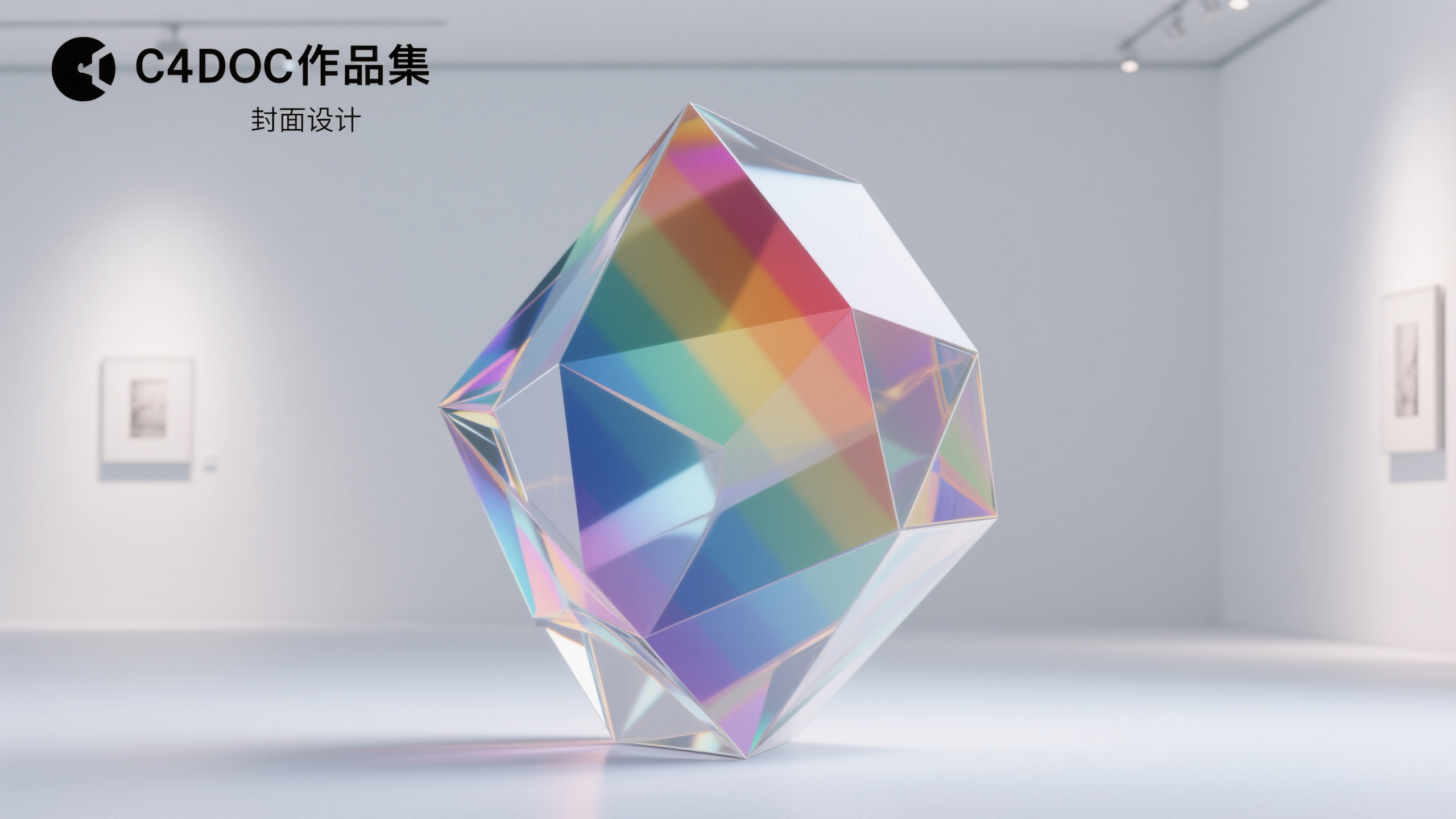 作品集,C4D建模场景,OC渲染,作品集封面设计,抽象雕塑造型,彩虹渐变玻璃材质,多面体折射效果,纯白背景,中近距离景深,柔和环境光,艺术画廊风格,极简主义美学