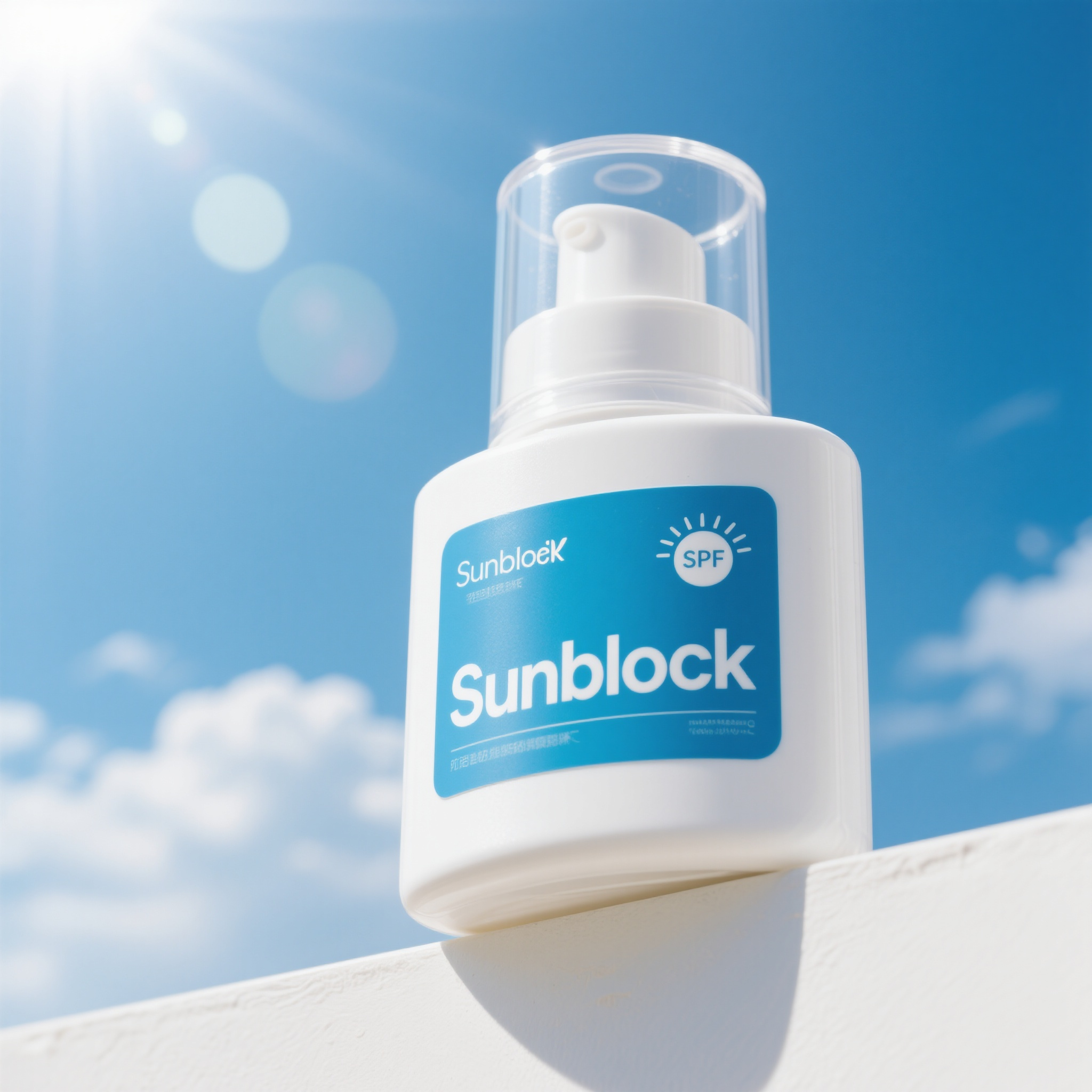 电商主图护肤品,护肤品电商主图,防晒霜瓶装,白色塑料包装,SPF标识清晰,夏日护肤感,清爽质感,阳光防护概念,产品正面展示,蓝天白云背景