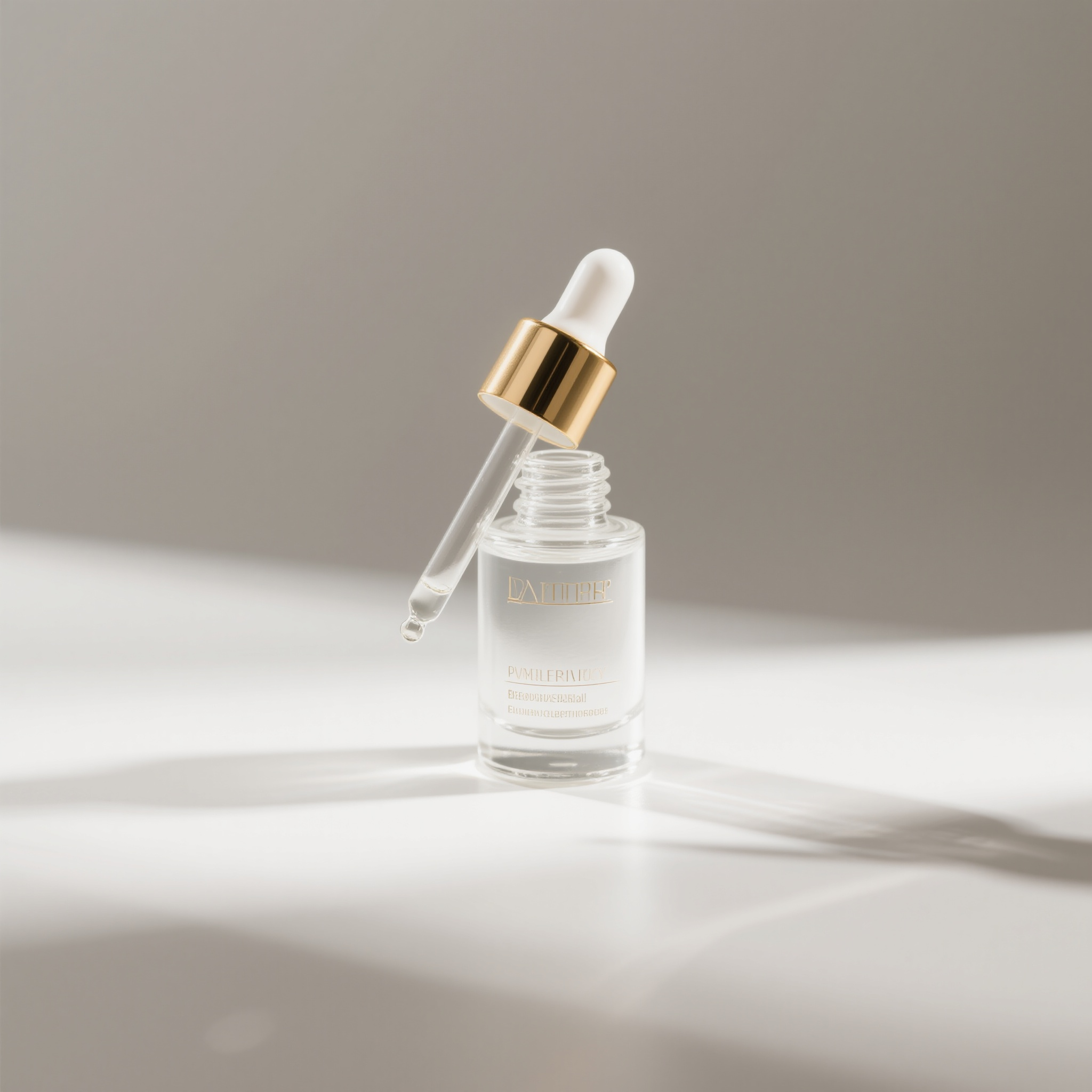 电商主图精华液,护肤品电商主图,精华液瓶子,透明玻璃质感,金色滴管,简约包装设计,白色背景,柔和光影,产品居中构图,高端护肤品质感,商业摄影风格