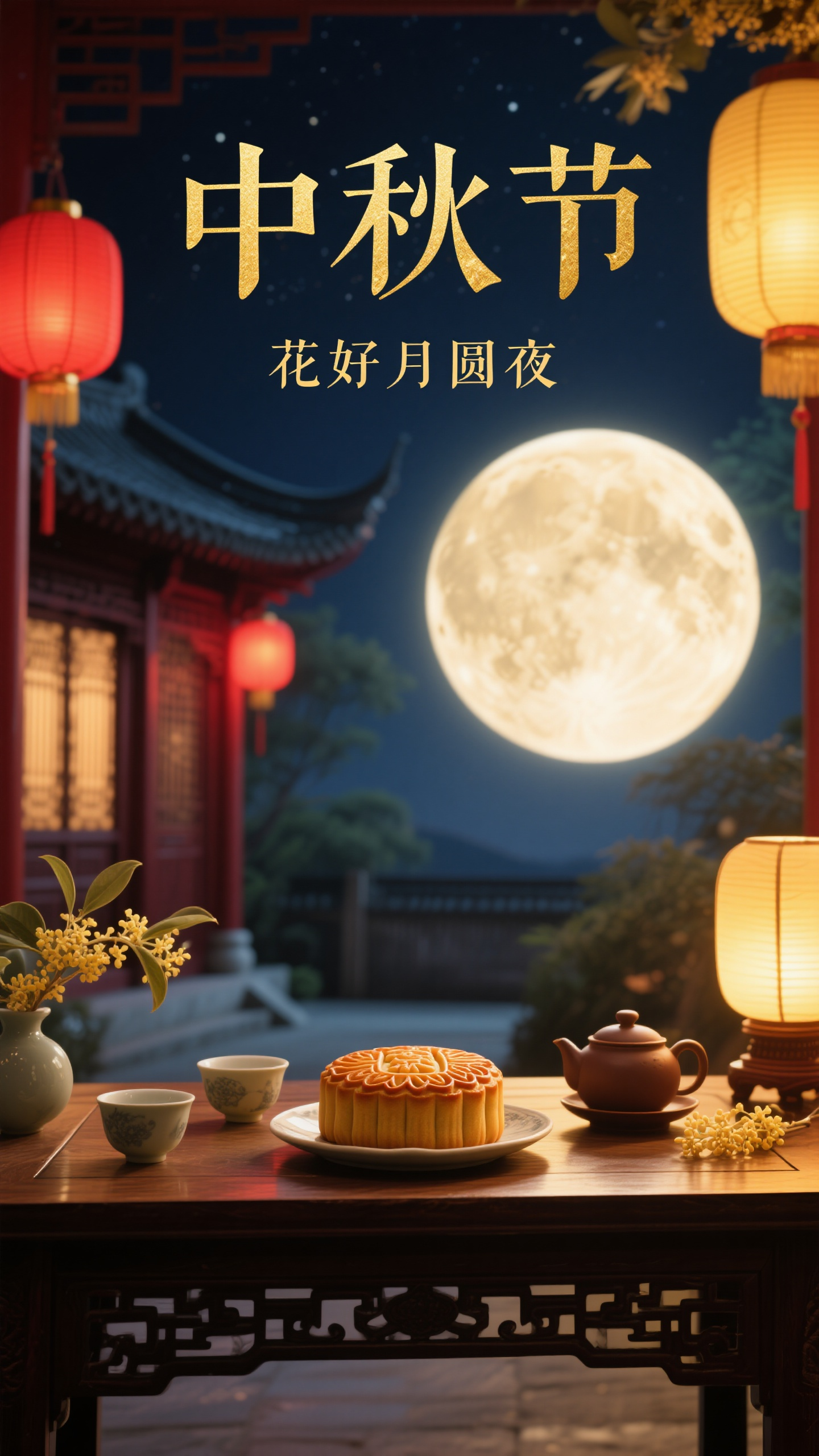 中秋节海报写实摄影,中秋节海报设计,摄影写实风格,主标题"中秋节"位于画面上方,优雅衬线字体,金色字体效果。主体是圆月高挂夜空,月饼精美摆盘放置在古典木桌上,旁边有茶具和桂花,温暖灯光照射。背景是传统庭院夜景,红灯笼悬挂。副标题"花好月圆夜"位于下方,小字体。专业摄影,暖色调,金黄和深红配色,传统节日氛围浓郁