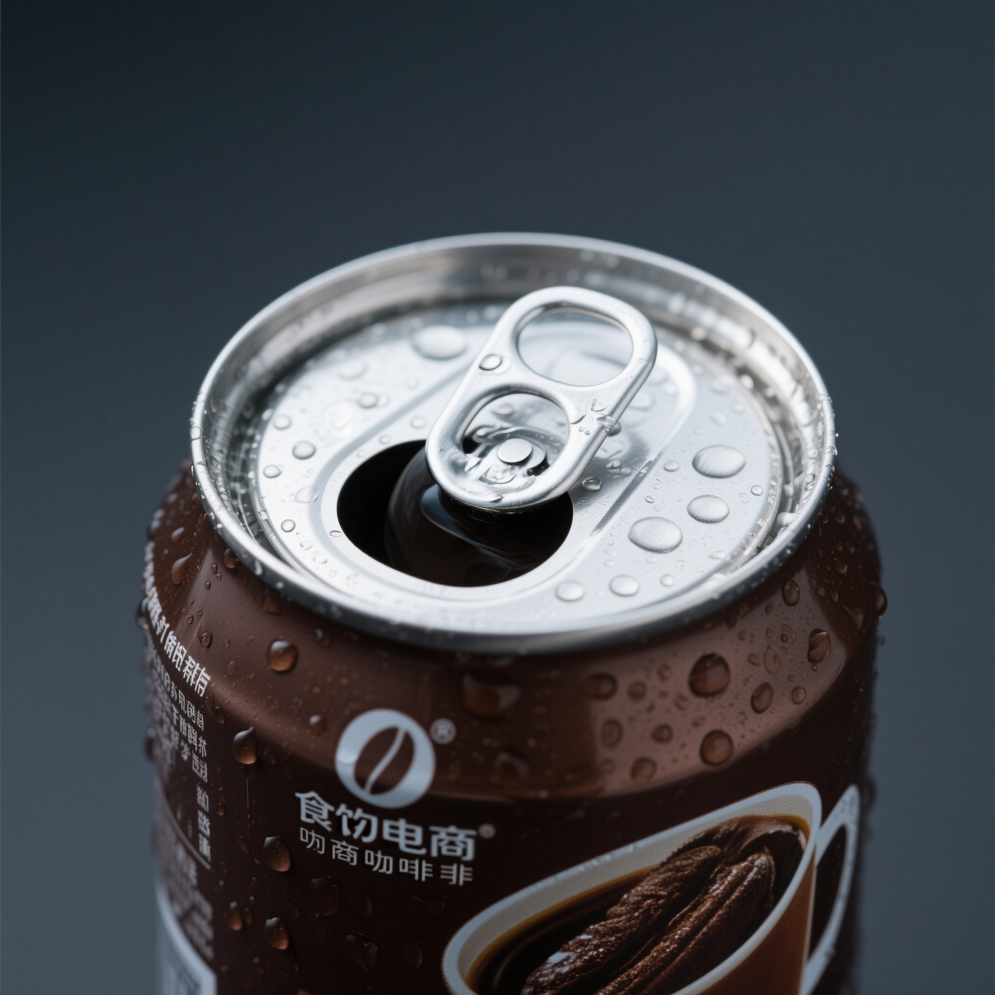 电商主图罐装咖啡,速食食品电商主图,罐装咖啡,金属拉环设计,浓郁咖啡色包装,提神饮品感,冷凝水滴效果,产品居中展示,深色质感背景