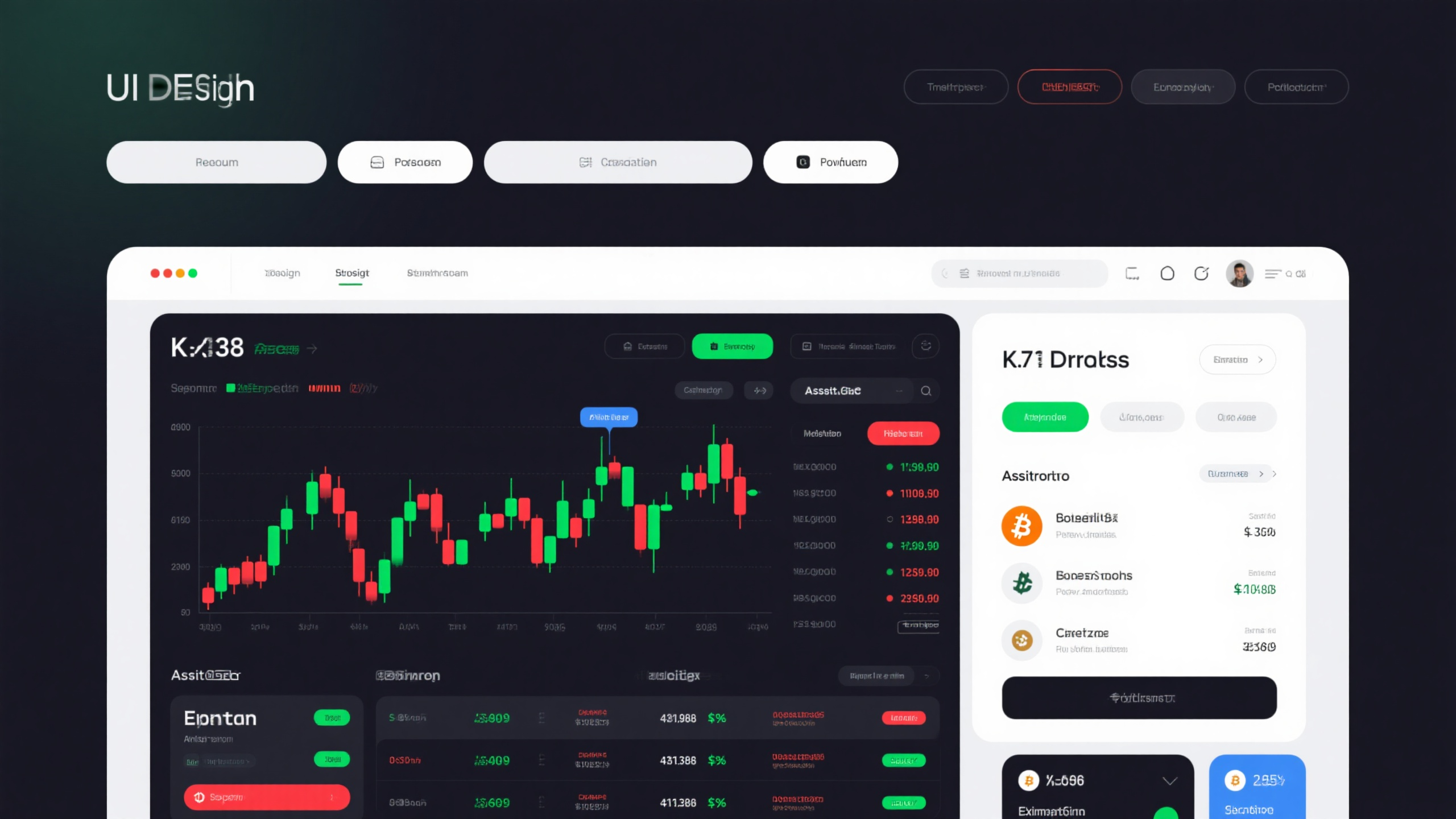 电脑UI界面股市,金融交易平台UI界面,专业深色主题,实时股票图表,K线数据展示,交易面板,资产组合,数字货币价格,专业金融工具,绿红色数据指示