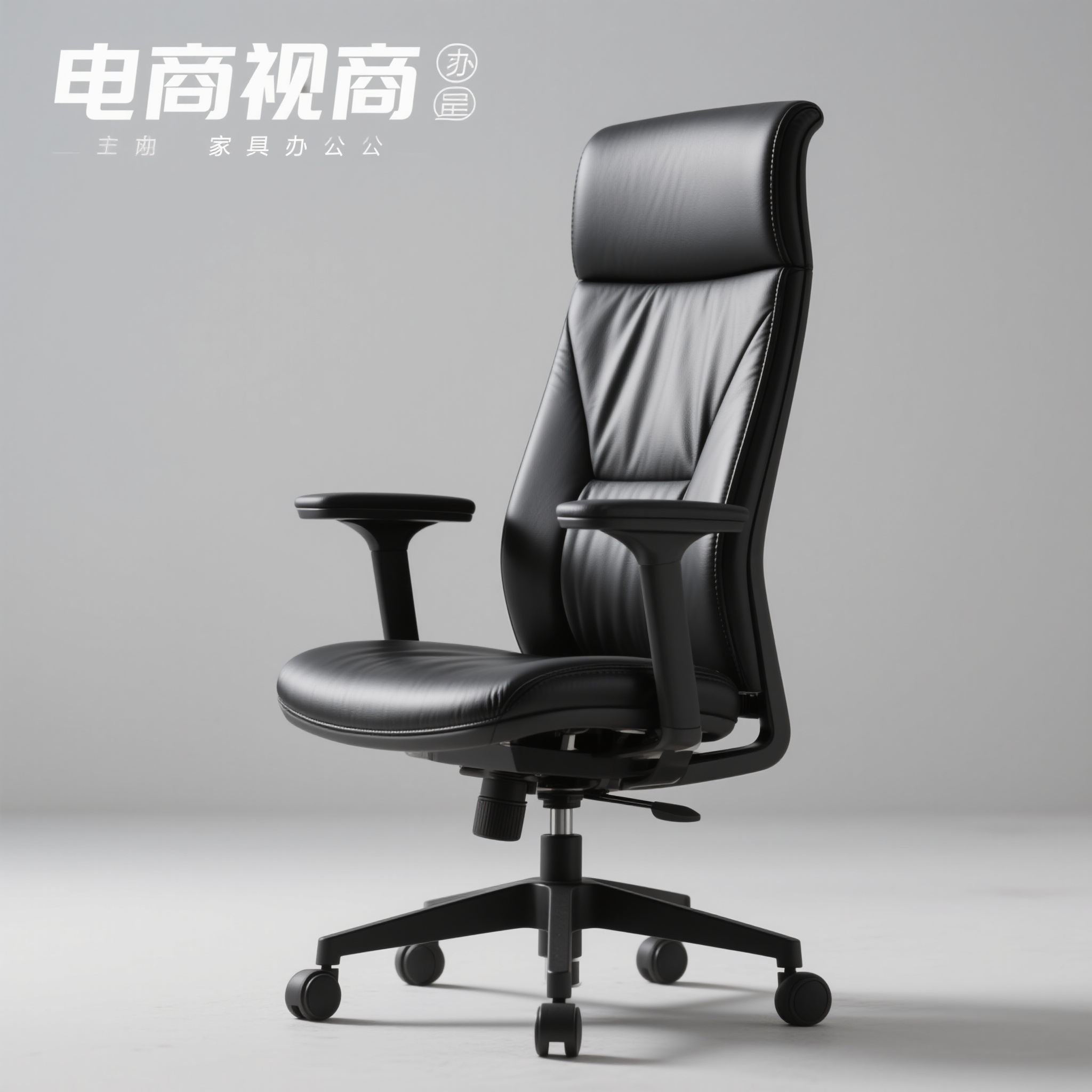 电商主图办公椅子,家具电商主图,办公椅,黑色皮质材料,可调节高度,现代办公风格,舒适靠背设计,产品侧面展示,简约办公背景