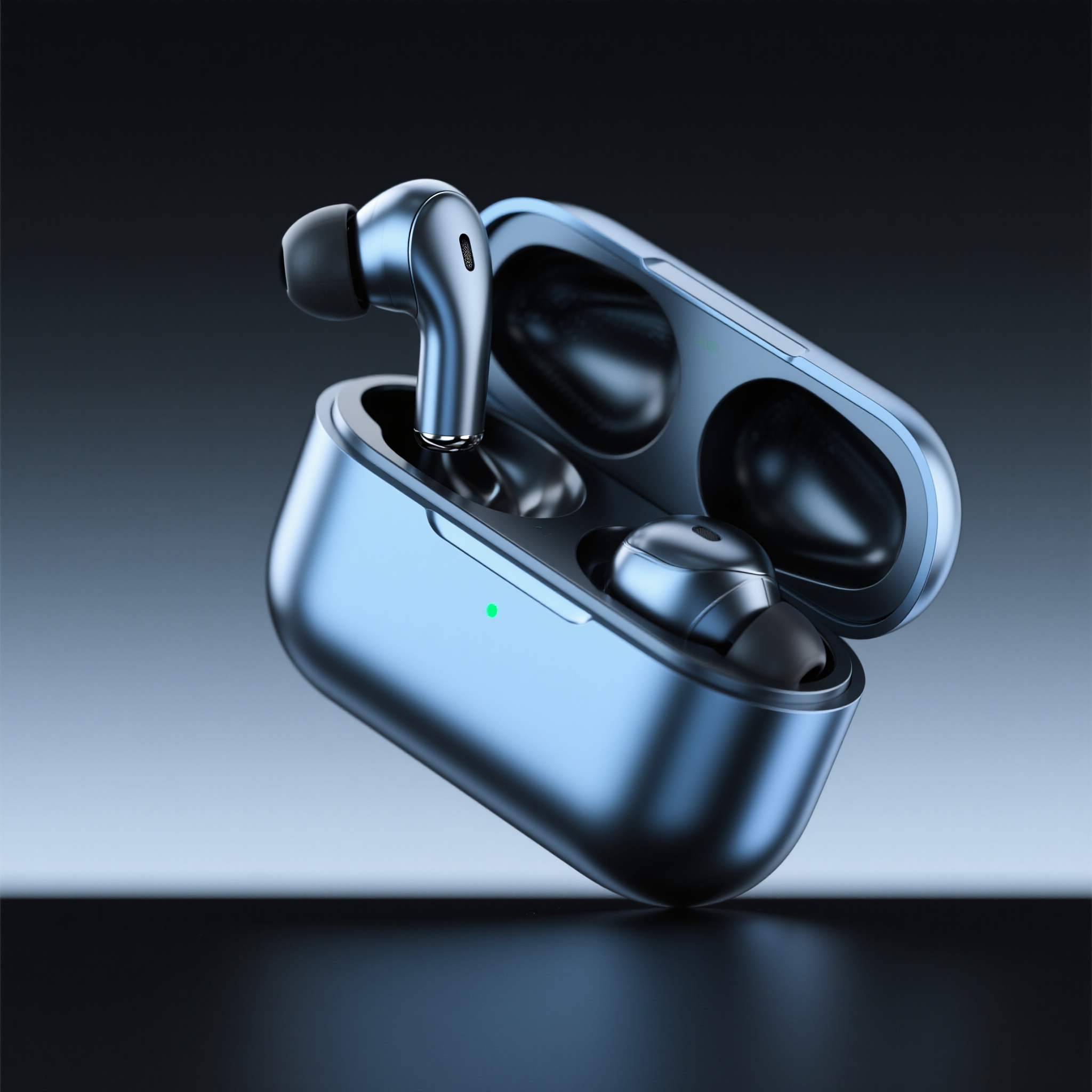 电商主图蓝牙耳机,数码产品电商主图,无线蓝牙耳机,黑色科技感,充电盒展示,现代简约设计,科技蓝光效果,产品45度角展示,深色渐变背景