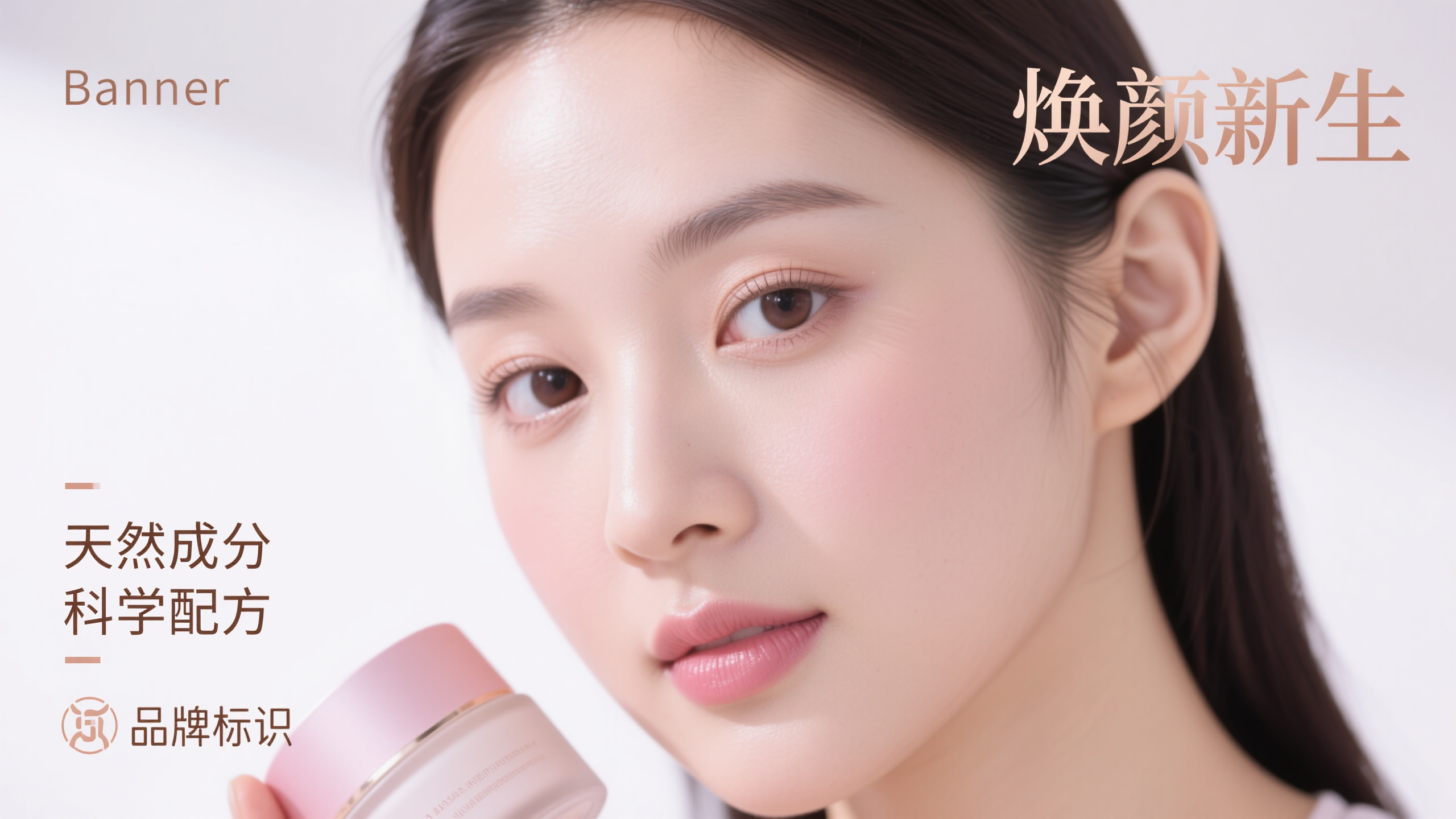 医美banner图,美容护肤宣传Banner,写实摄影风格,主标题"焕颜新生"位于画面右上角,优雅细体字体,玫瑰金色字体效果。主体是年轻女性完美肌肤特写,肌肤光滑细腻,自然妆容,手持护肤产品,表情恬静自信。背景是简洁的白色空间,柔和灯光营造清新氛围。左下角有"天然成分 科学配方"副标题,底部有品牌标识。美容摄影,清新色调,粉色和白色为主,纯净感