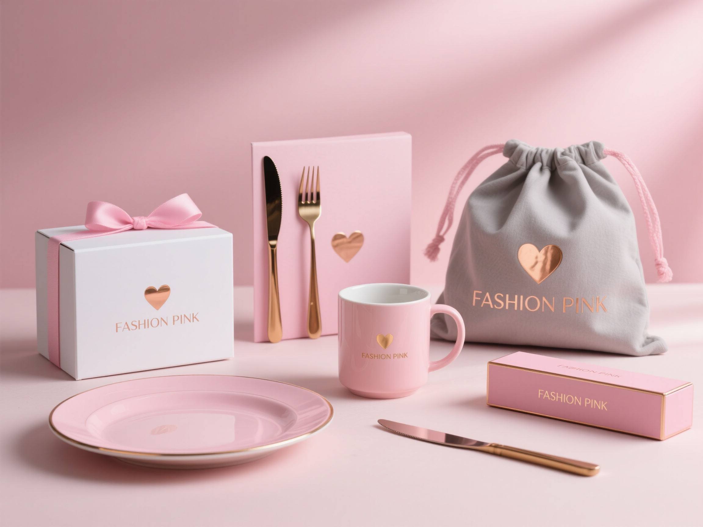 品牌包装样机,时尚品牌包装集合样机,包含粉色刀叉、粉色马克杯、白色方形盒配粉色丝带、粉灰色帆布袋、粉色边碟子、粉色长条盒,统一印有玫瑰金logo"FASHION PINK"心形图标,粉色渐变背景,柔和照明,时尚品牌风格