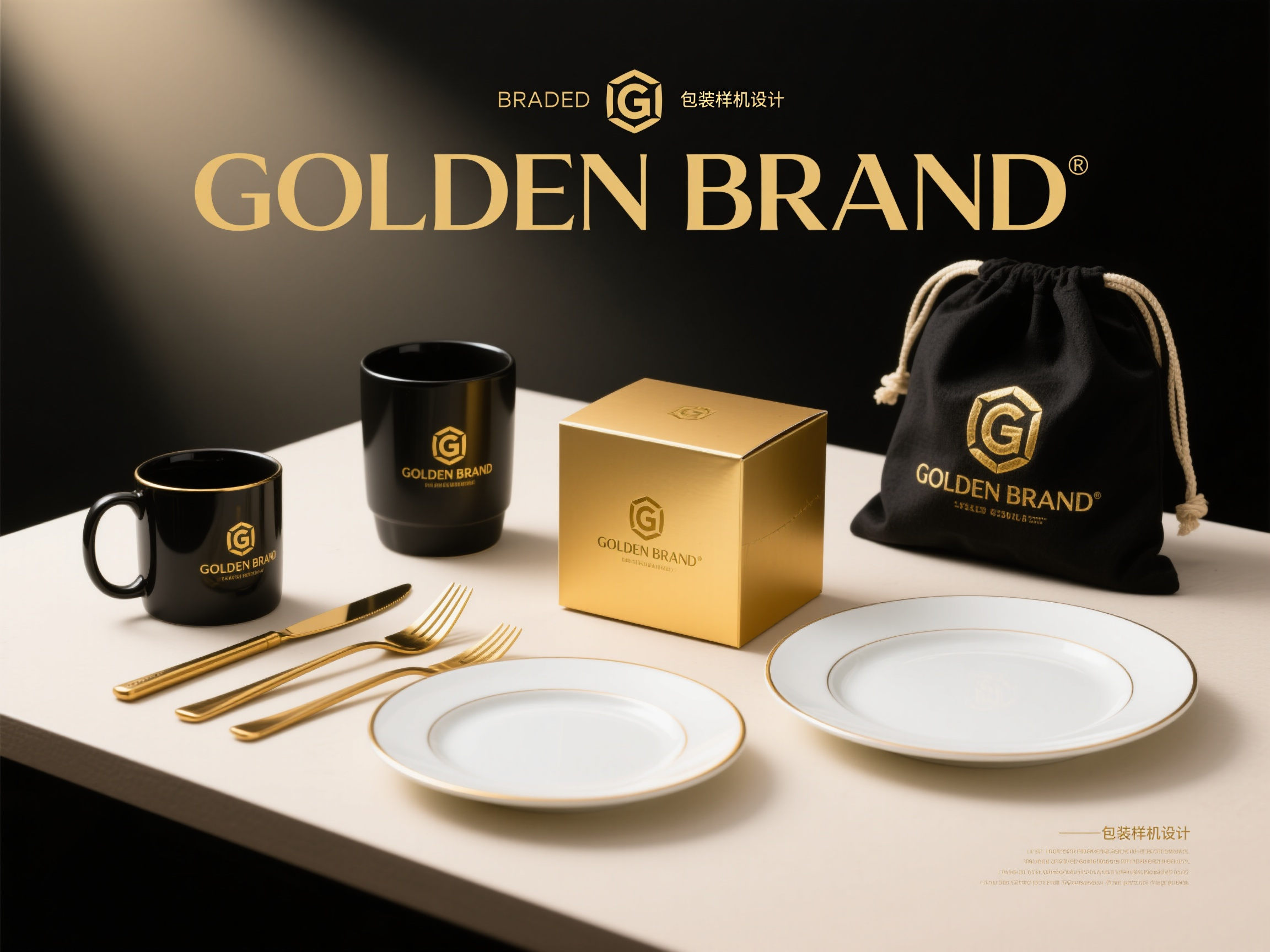 品牌包装样机,高端品牌包装套装样机,包含金色刀叉、黑色马克杯、金色方形礼盒、黑色帆布袋、白色碟子配金边、深色长条盒,所有物品印有金色奢华logo"GOLDEN BRAND"皇冠图标,黑色背景展示,聚光灯效果,奢华品牌风格