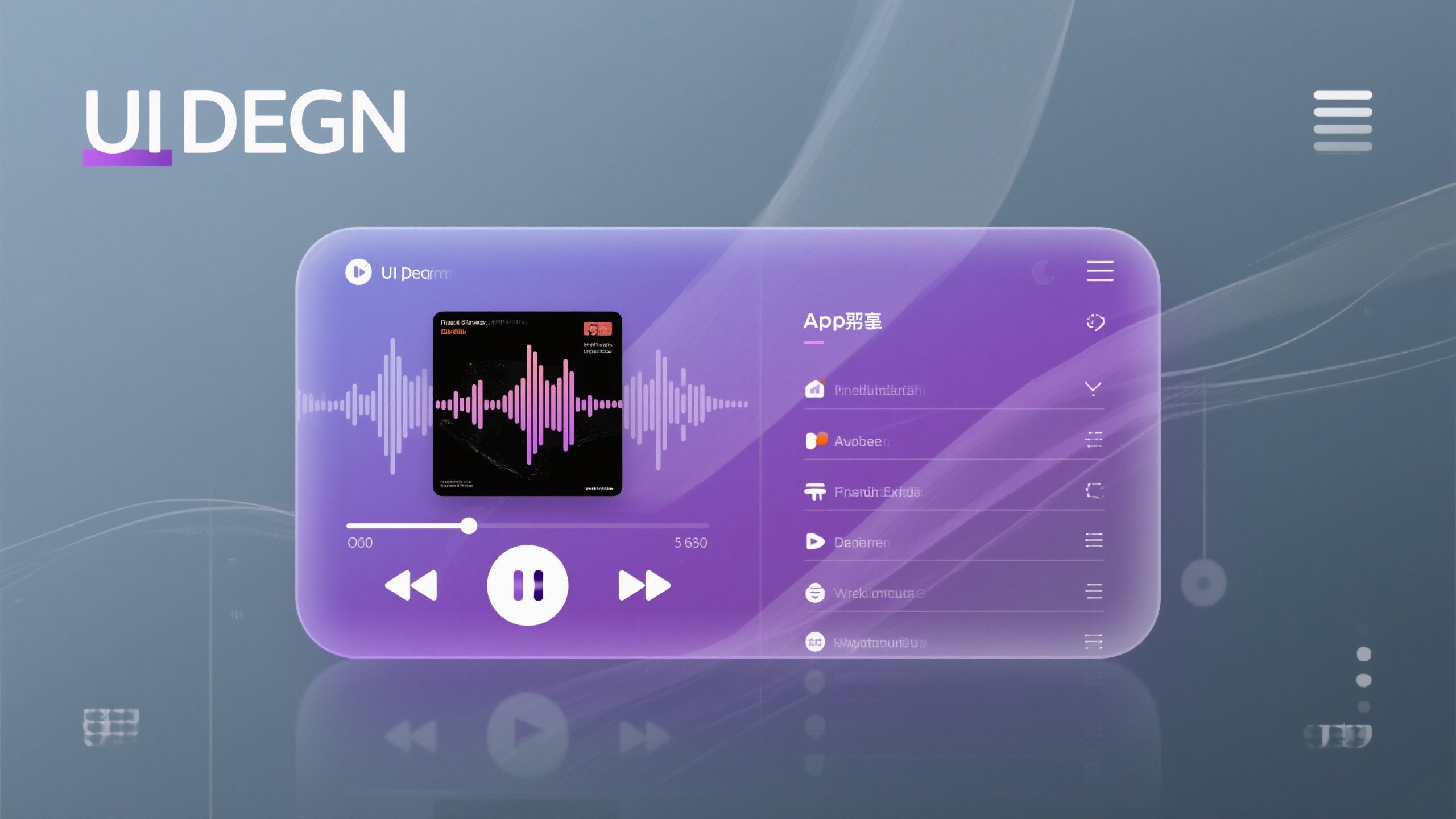 电脑UI界面音乐,音乐播放器UI界面设计,玻璃质感效果,毛玻璃背景,专辑封面展示,音频波形可视化,播放控制按钮,歌单界面,渐变紫色主题,现代音乐应用风格