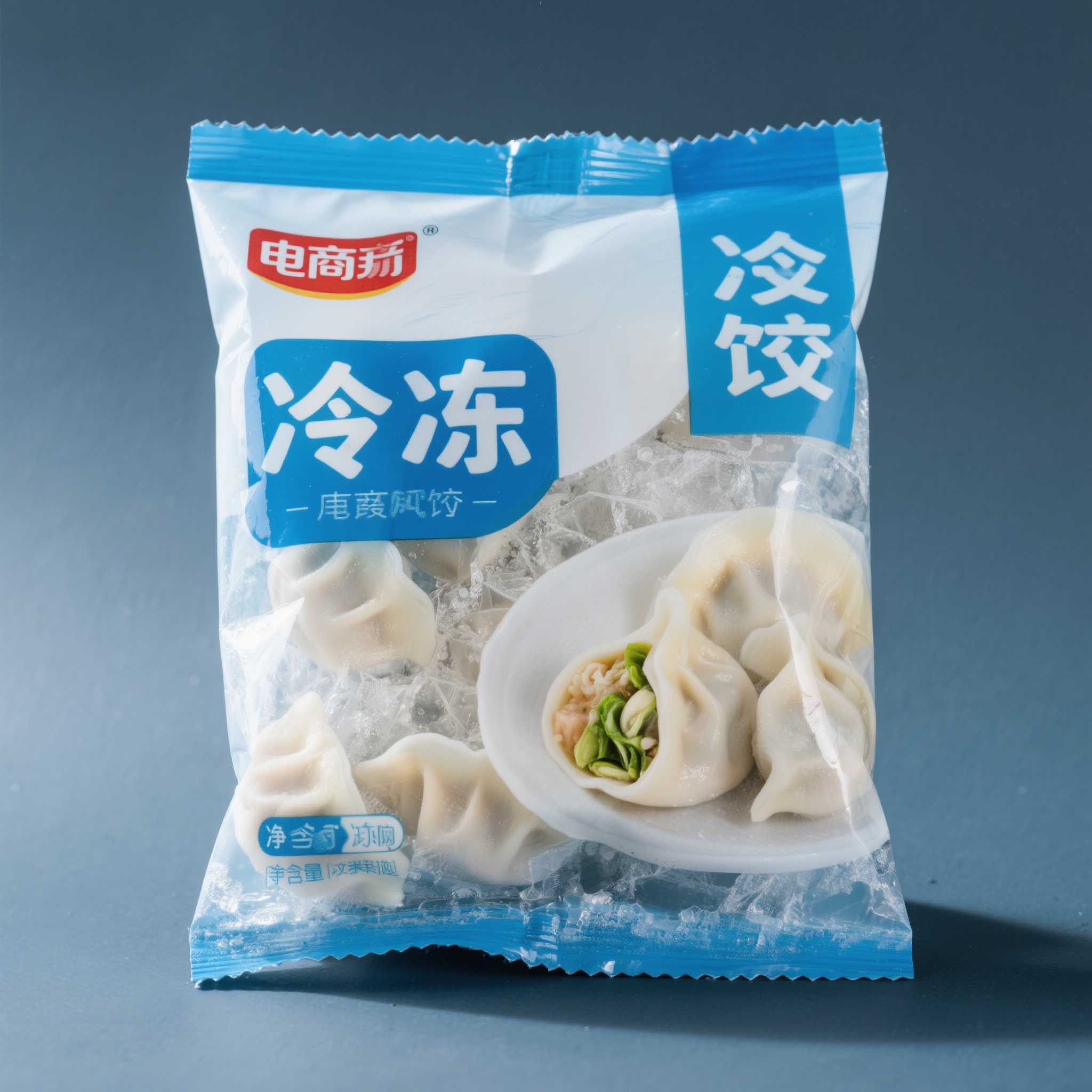 电商主图速冻饺子,速食食品电商主图,冷冻水饺包装,透明塑料袋装,新鲜食材可见,冰晶效果,食品安全感,正面展示,冷色调背景,食品电商风格