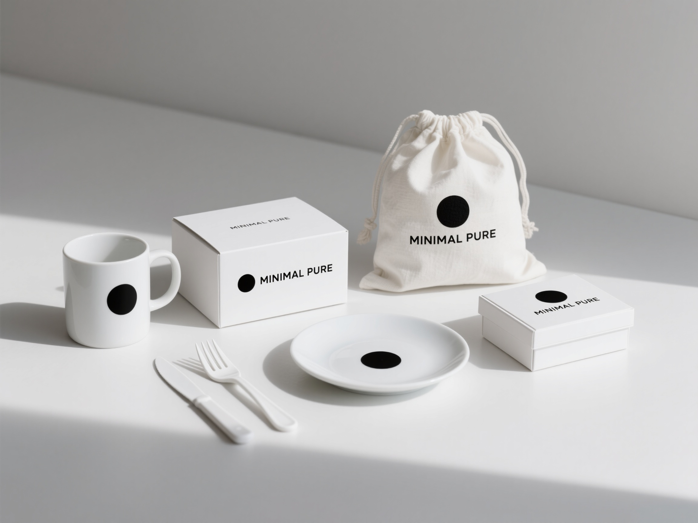品牌包装样机,极简品牌包装组合样机,包含白色刀叉、白色马克杯、白色方形盒、白色帆布袋、纯白碟子、白色长条盒,统一印有黑色简约logo"MINIMAL PURE"几何圆形图标,纯白背景,均匀柔光,极简主义风格