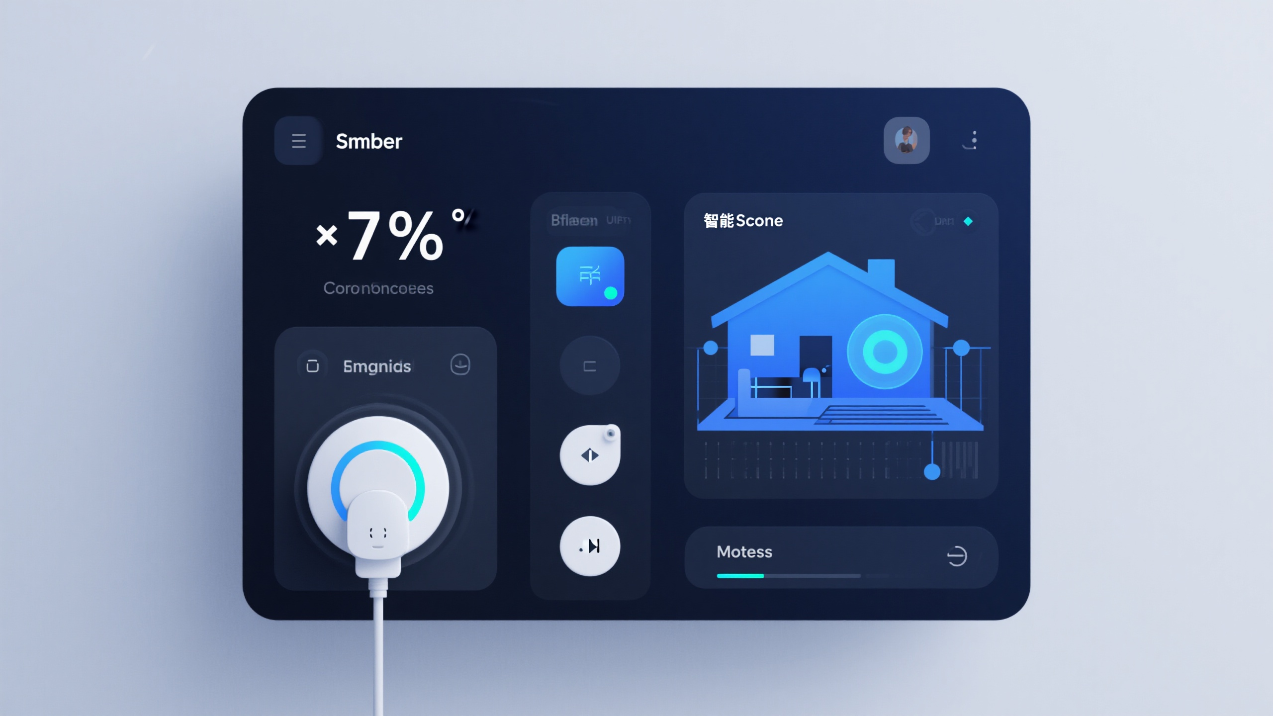 电脑UI界面家居控制面板,智能家居控制UI界面,现代简约设计,设备控制面板,温度湿度显示,智能场景模式,家居平面图,物联网设备状态,蓝色科技感配色,智能生活概念