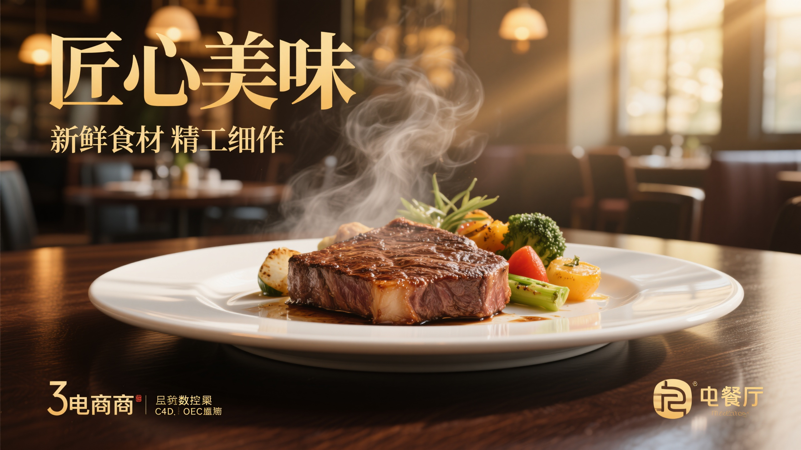 美食banner图,美食餐厅宣传Banner,写实摄影风格,主标题"匠心美味"位于画面中上部,优雅衬线字体,金色字体。主体是精美摆盘的牛排配蔬菜,热气腾腾,牛排表面焦糖色泽完美,配菜色彩丰富,白色瓷盘放置在深色木桌上。背景虚化的餐厅环境,暖色调灯光。左下角有"新鲜食材 精工细作"副标题,右下角有餐厅标识。专业美食摄影,暖色调,金黄和深棕配色,食欲感强烈