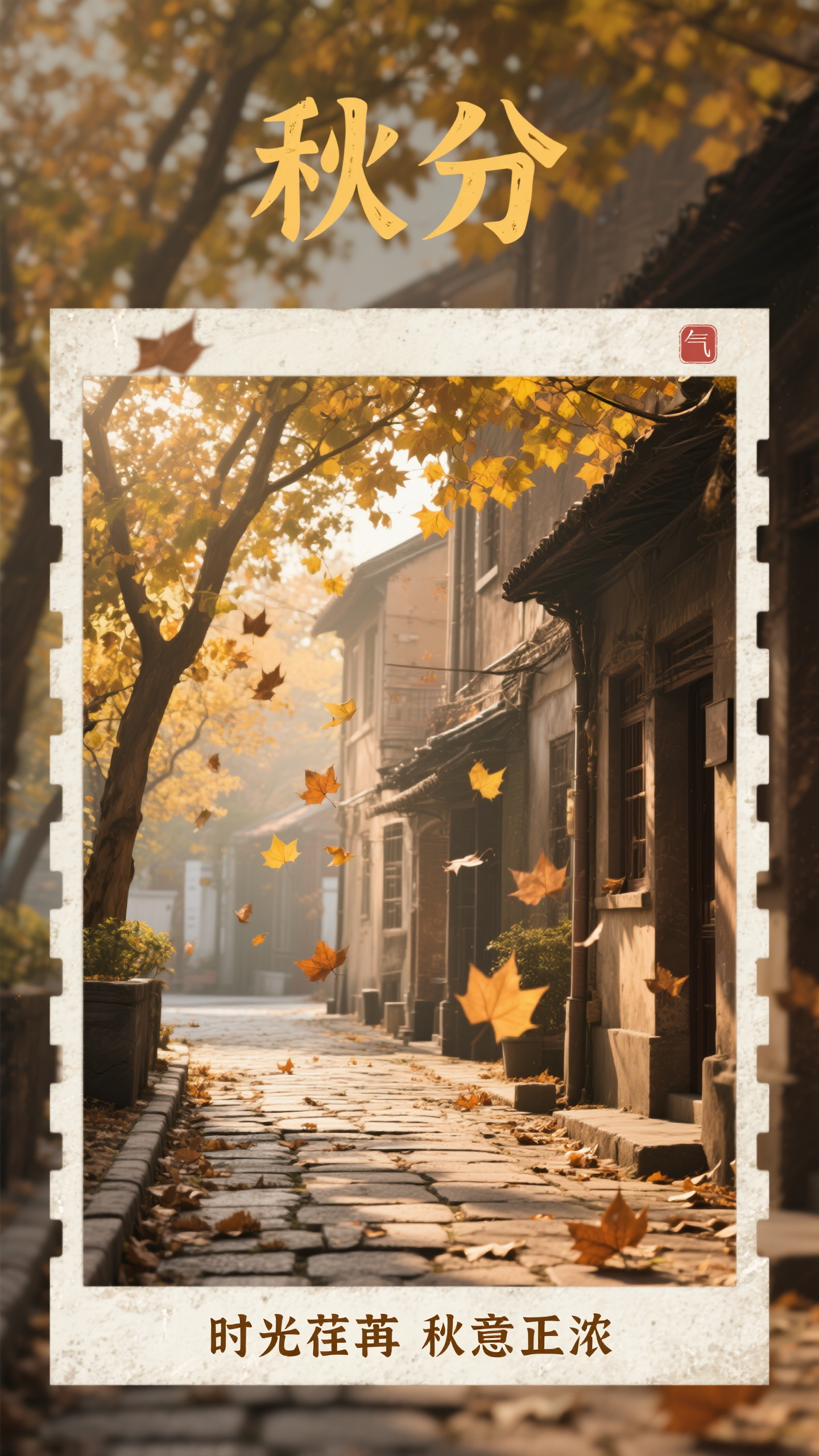 秋分海报摄影,秋分节气海报设计,复古胶片风格,主标题"秋分"位于画面上方,复古字体,暖黄色做旧效果。主体是胶片摄影风格的秋日街景,梧桐叶片飘落,老式建筑,温暖午后阳光透过树叶洒在石板路上。整体带有胶片颗粒感和怀旧色调。副标题"时光荏苒 秋意正浓"位于底部。胶片风格,怀旧色调,暖黄和棕色配色,岁月质感