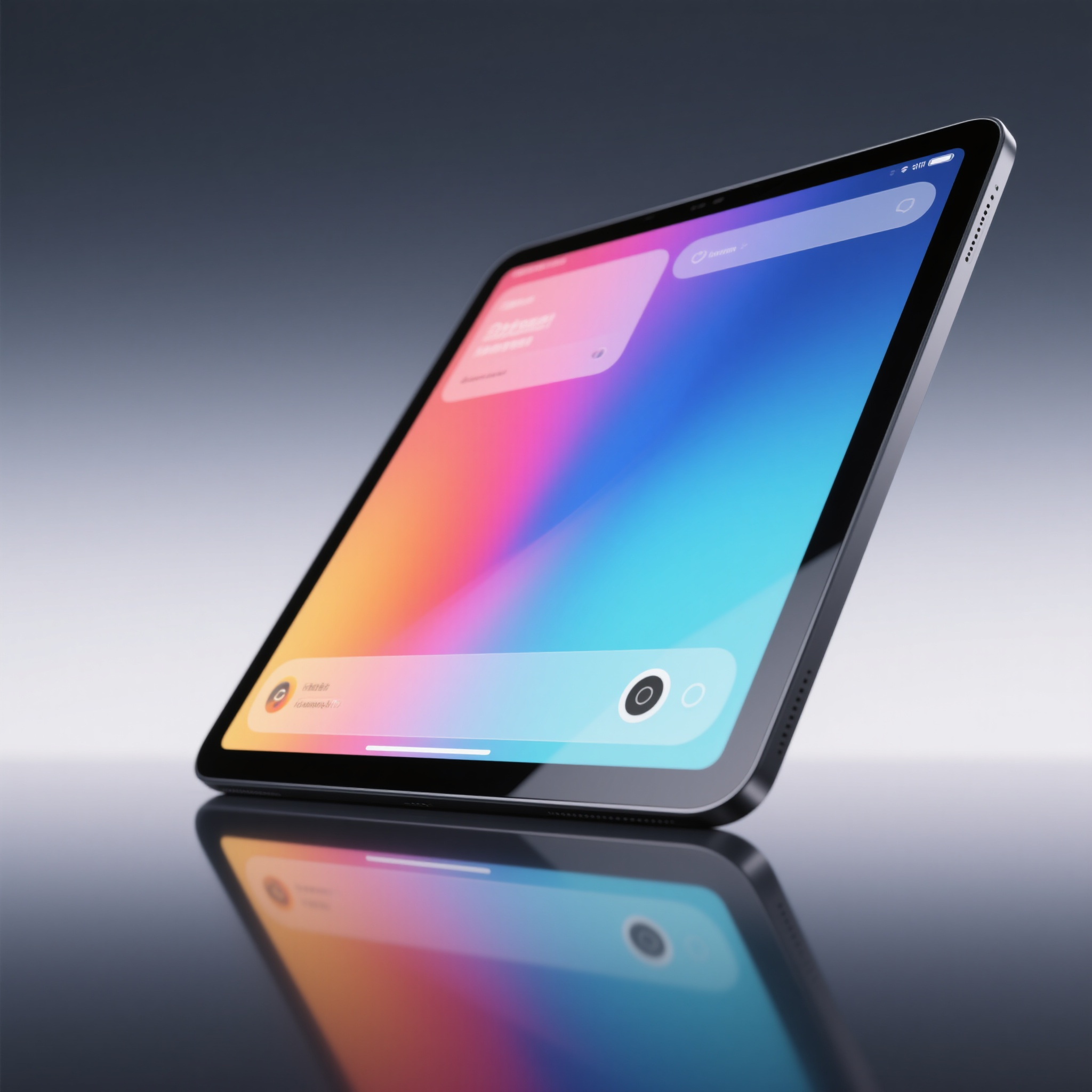 电商主图平板电脑,数码产品电商主图,平板电脑,黑色边框,屏幕显示彩色界面,现代科技感,反光屏幕效果,轻薄设计,斜角展示,渐变背景