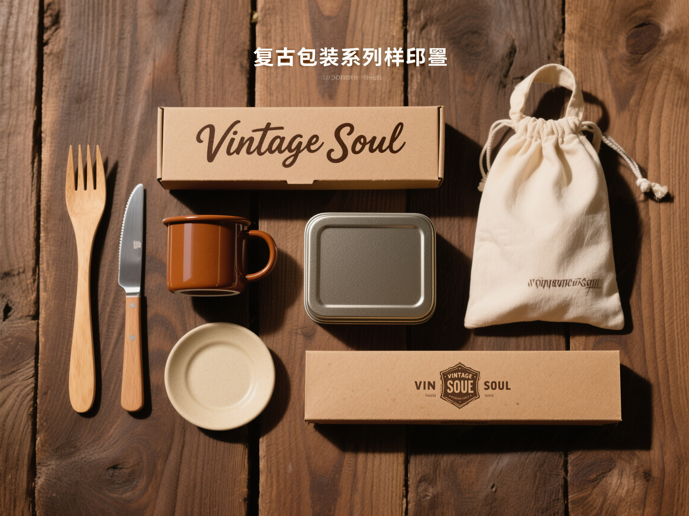 品牌包装样机,复古品牌包装系列样机,包含木质刀叉、棕色马克杯、复古方形铁盒、帆布色帆布袋、米色碟子、牛皮纸长条盒,所有物品印有红色复古logo"VINTAGE SOUL"徽章图标,木纹背景,温暖复古照明,复古品牌风格