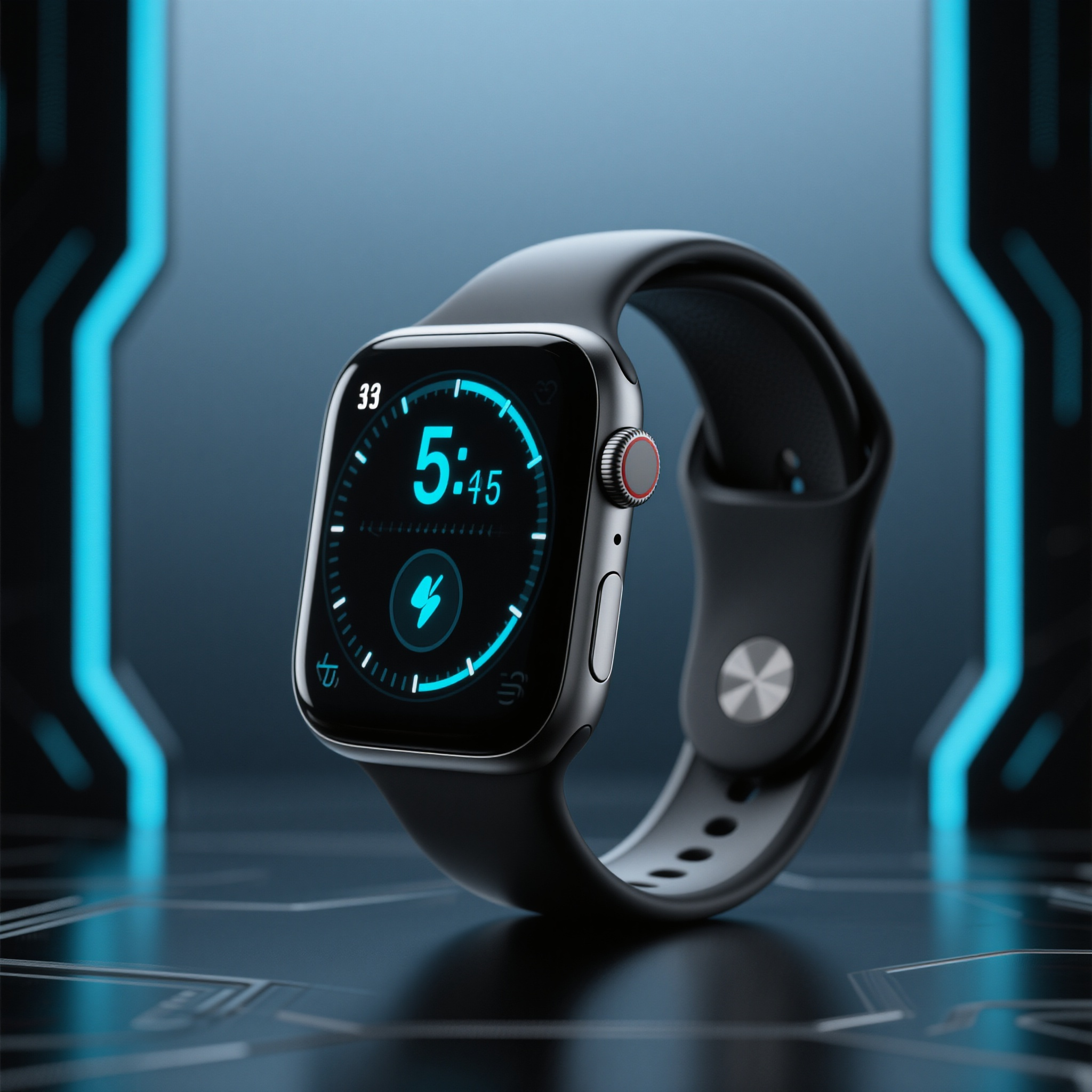 电商主图智能手表,电子设备电商主图,智能手表,黑色运动表带,圆形表盘,数字显示,科技蓝光,健康监测图标,产品正面,深色科技背景