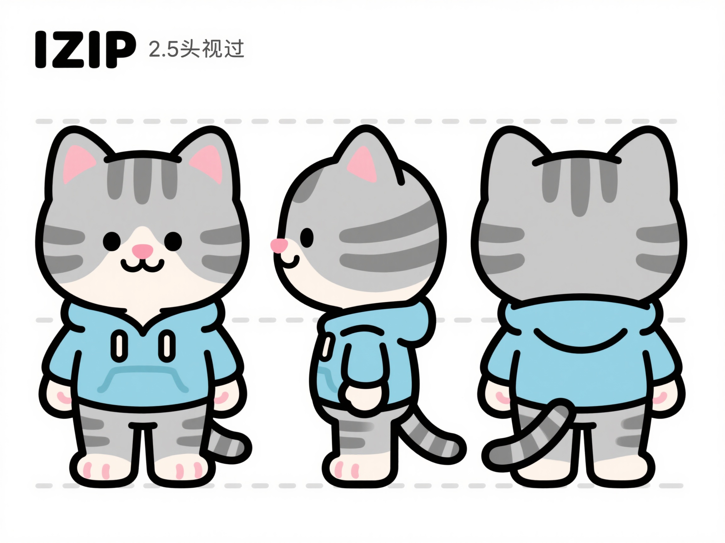 动物IP猫,平面插画,可爱小猫咪IP形象三视图,2.5头身比例,正面侧面背面视图。小猫咪穿着浅蓝色连帽卫衣,灰色条纹毛发,粉色小鼻子和肉垫,微笑表情。双手自然下垂,站立姿势,Q版造型,线条圆润,色彩清新,扁平化设计风格,白色背景