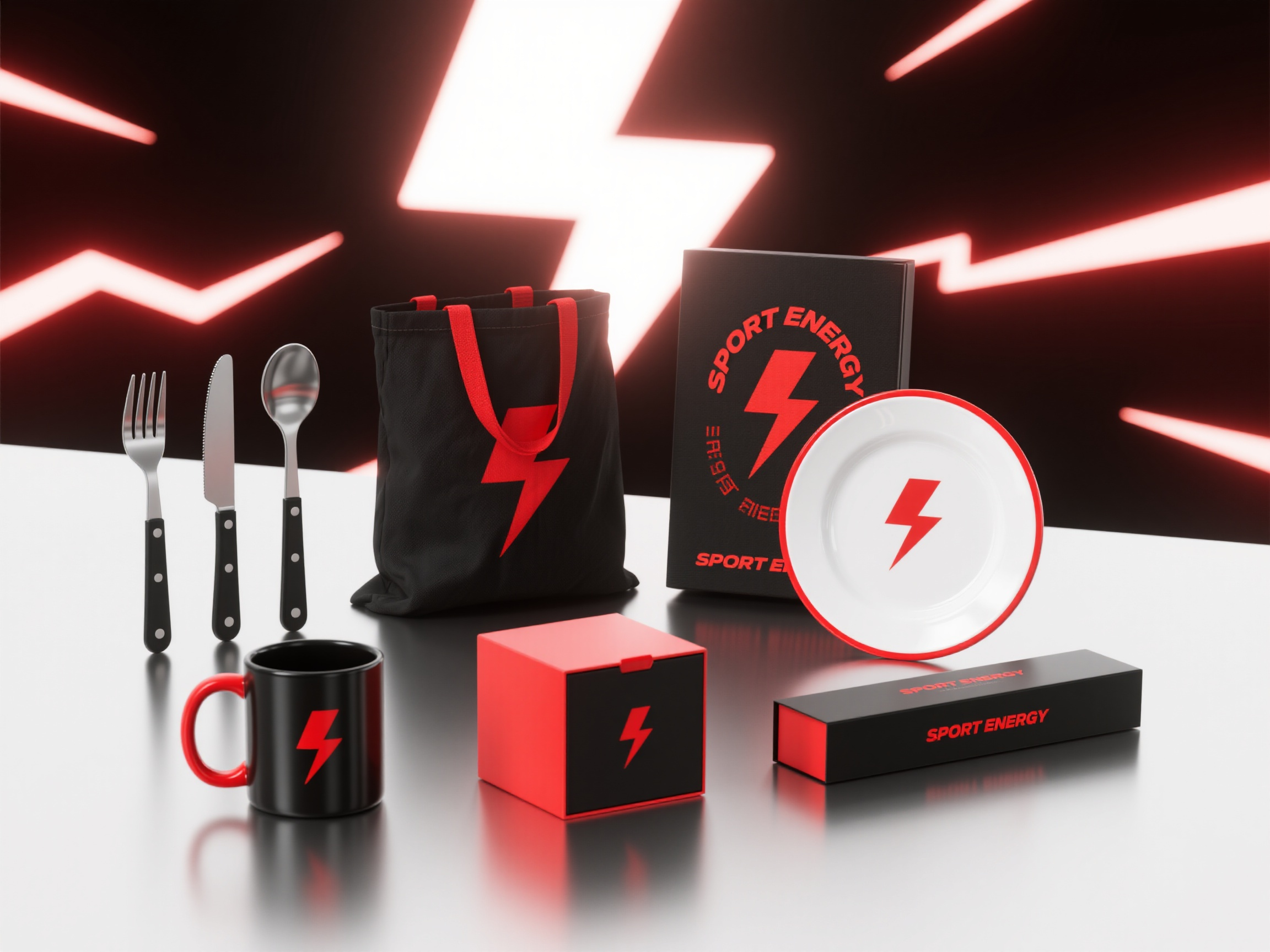 品牌包装样机,运动品牌包装系列样机,包含黑红刀叉、黑色马克杯配红色把手、红黑方形盒、黑色帆布袋配红色提手、白碟配红边、黑红长条盒,统一印有红色运动logo"SPORT ENERGY"闪电图标,动感背景,动态照明