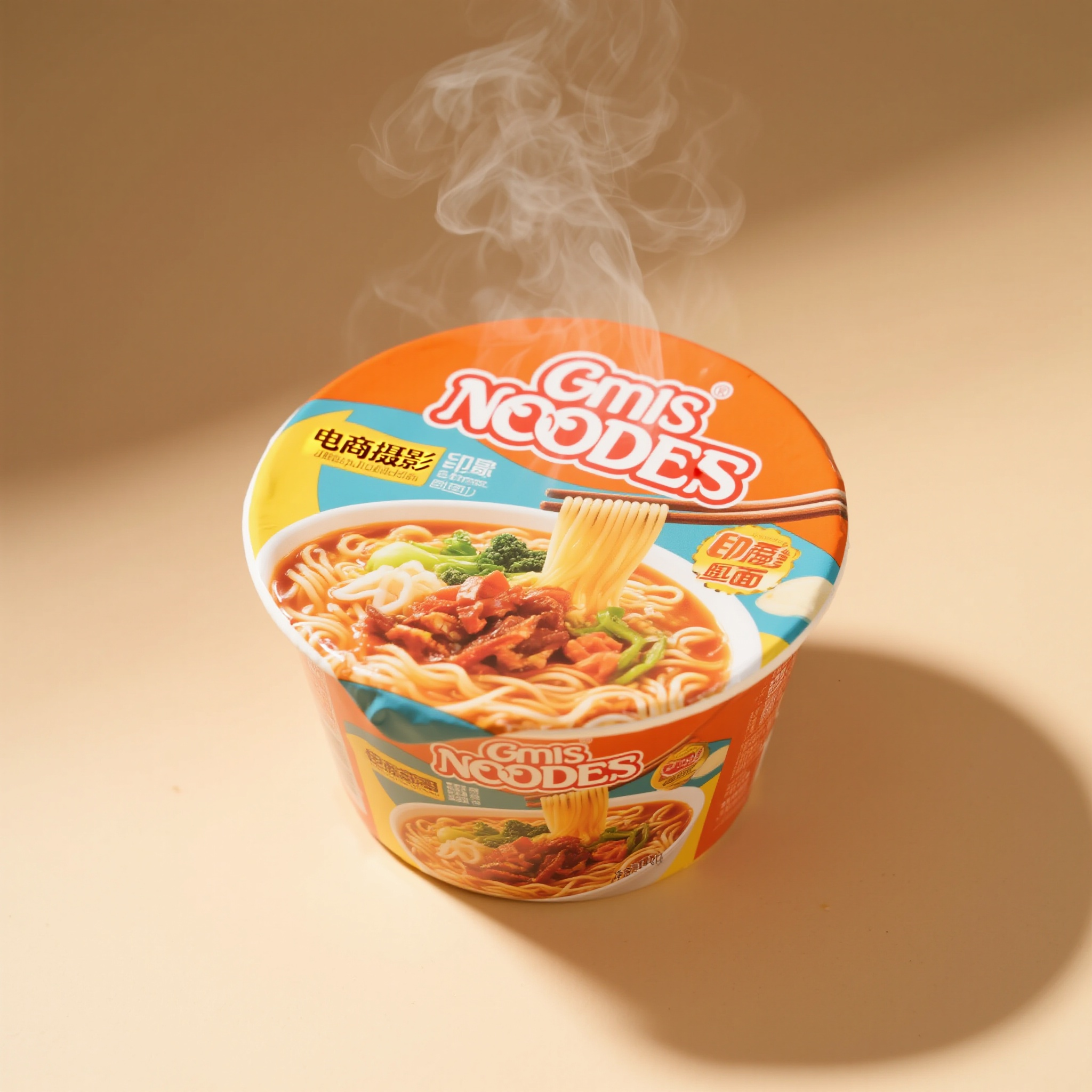 电商主图泡面,速食食品电商主图,方便面包装,彩色印刷设计,食材展示,热气腾腾效果,温暖色调,食欲感强烈,产品正面展示,干净背景