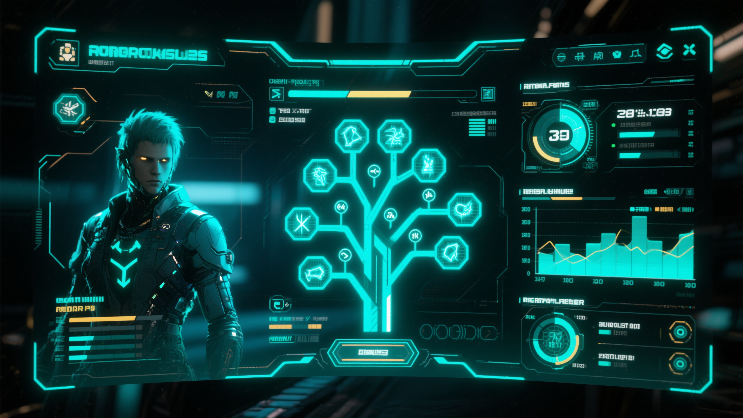 电脑UI界面赛博朋克游戏,暗黑风格游戏UI界面设计,赛博朋克主题,霓虹蓝绿色调,科技感HUD元素,角色状态栏,技能树界面,数据可视化图表,全息投影效果,未来科技氛围,高对比度光影