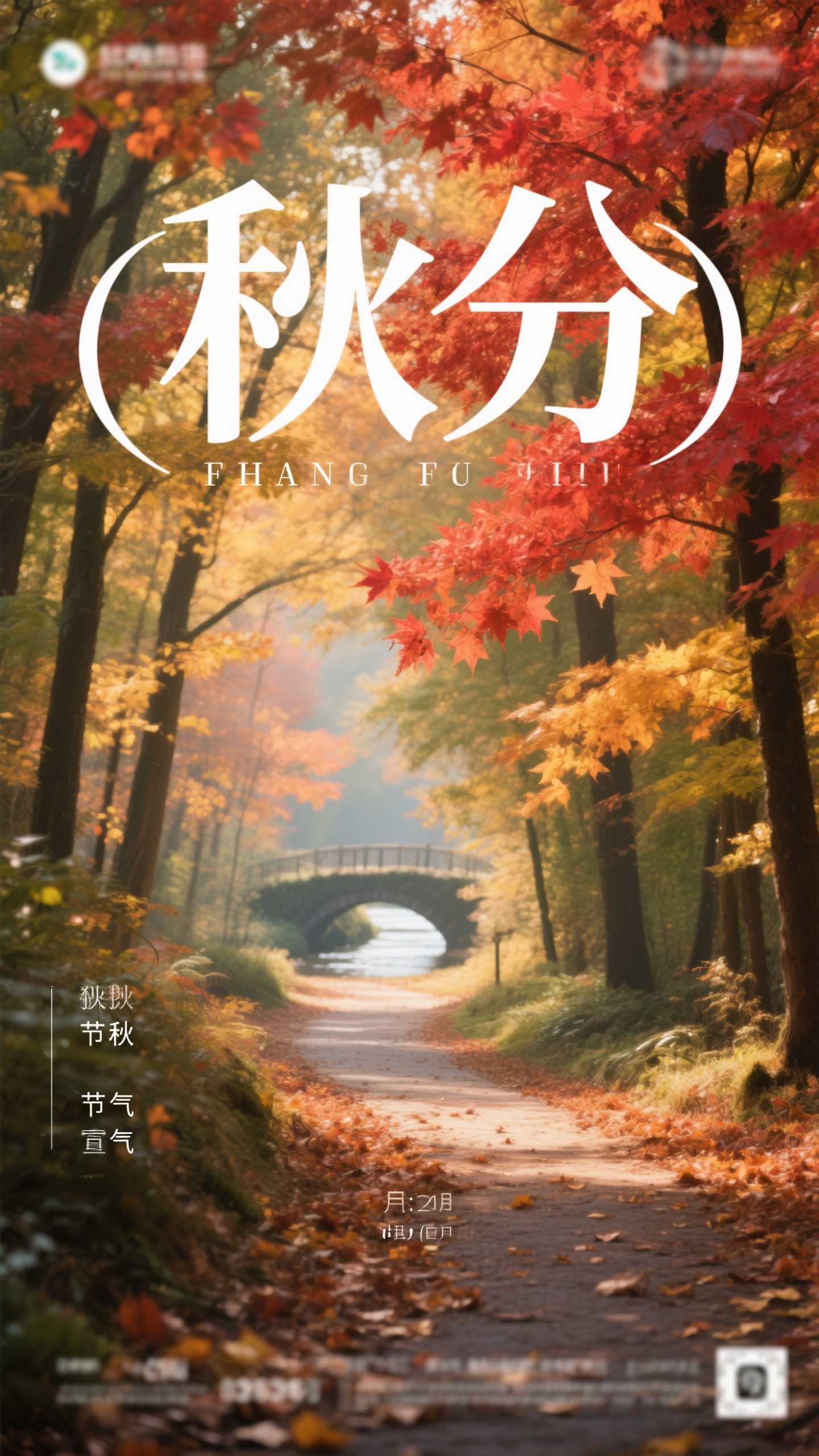 秋分海报摄影,秋分节气海报设计,摄影写实风格,主标题"秋分"位于画面中上部,现代字体,深棕色字体。主体是枫叶红黄渐变的森林小径,阳光斜射透过树叶,地面铺满落叶,远处小桥流水。光影对比强烈,层次丰富。副标题"枫叶正红 秋意渐浓"位于底部。自然摄影,暖色调,红橙黄绿配色,诗意秋韵