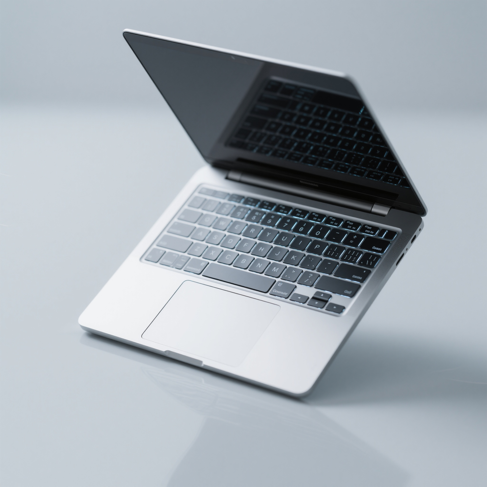 电商主图笔记本电脑,电子设备电商主图,笔记本电脑,银色金属外壳,开启状态显示桌面,现代办公设备,键盘背光效果,侧面展示角度,商务背景