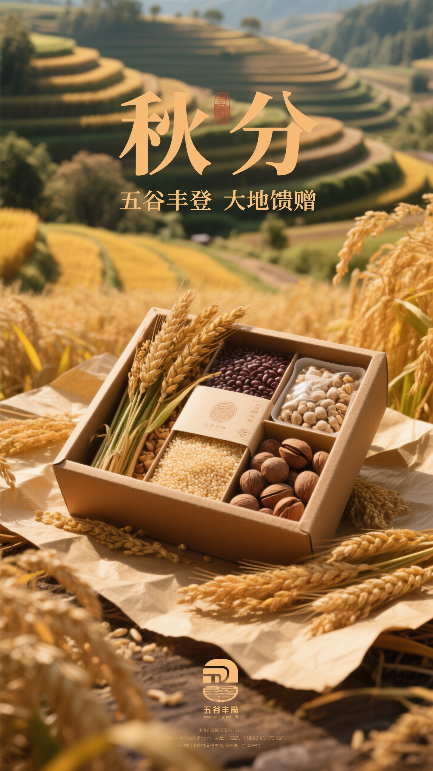 秋分海报农产品礼盒,秋分农产品礼盒宣传海报,摄影写实风格,主标题"秋分"位于画面中上部,朴实字体,土黄色字体。主体是精美包装的秋季农产品礼盒,五谷杂粮、坚果干果、蜂蜜等,搭配稻穗麦穗装饰,体现丰收主题。背景是田园风光。副标题"五谷丰登 大地馈赠"位于下方。农产品摄影,自然色调,土黄和棕色配色,丰收质朴感