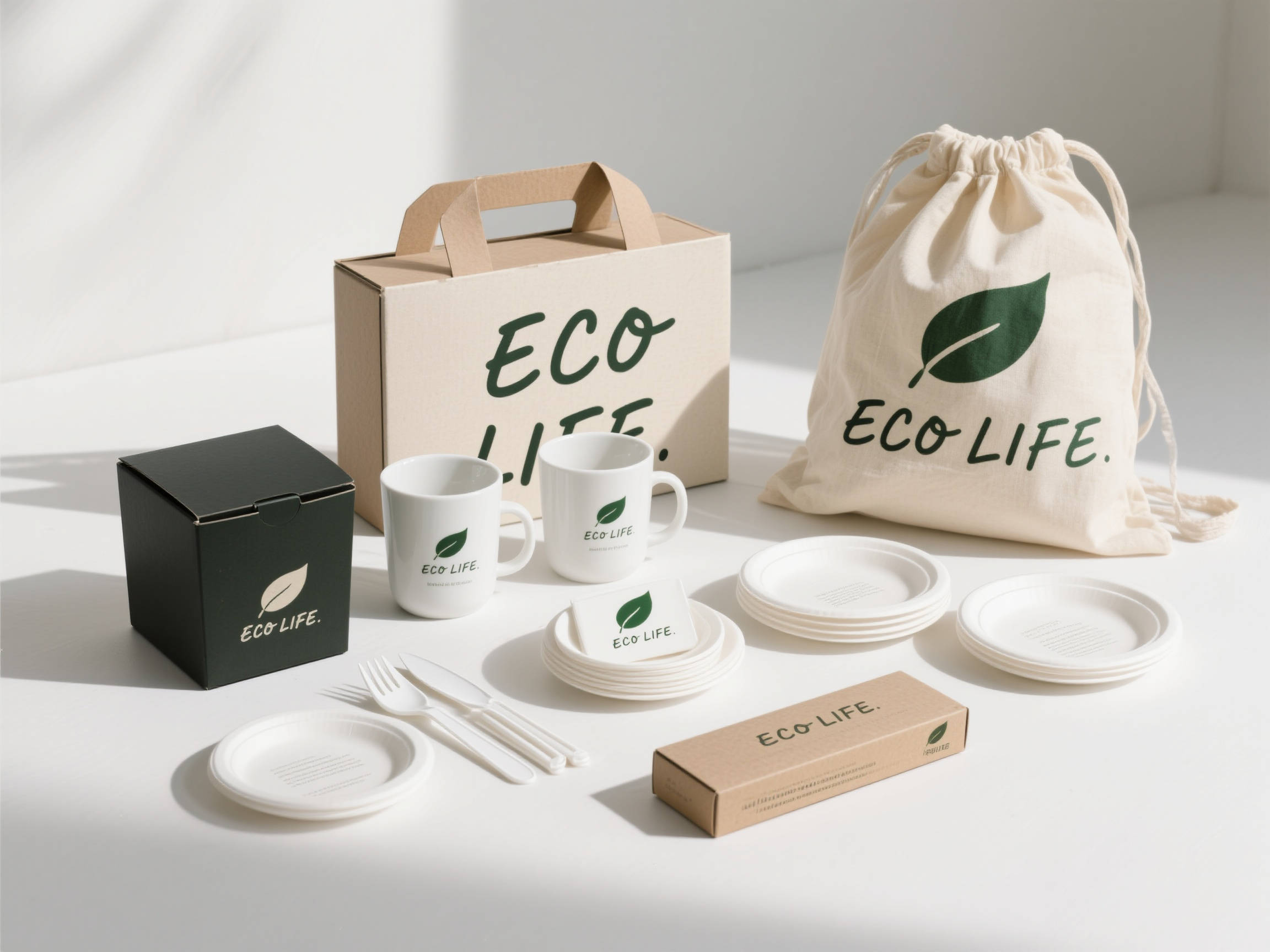 品牌包装样机,品牌包装物品组合样机,包含白色一次性刀叉、白色马克杯、黑色方形盒子、米色帆布袋、白色圆形碟子、长条包装盒,所有物品统一印有绿色环保logo"ECO LIFE"叶子图标,整齐摆放在白色背景上,柔和顶光照明,环保品牌风格