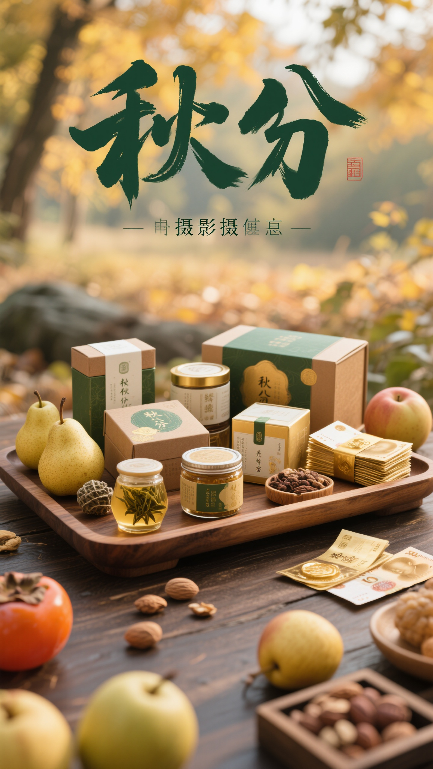 秋分海报果蔬摄影,秋分养生产品宣传海报,摄影写实风格,主标题"秋分"位于画面上方,传统毛笔字体,深绿色字体效果。主体是精美包装的秋季养生茶叶、蜂蜜、坚果礼盒,搭配梨子、柿子等时令水果,放置在原木托盘上。背景是自然秋日景色,温暖柔和光线。副标题"润燥养肺 滋补调理"位于底部。产品摄影,自然色调,棕绿和金黄配色,健康养生感