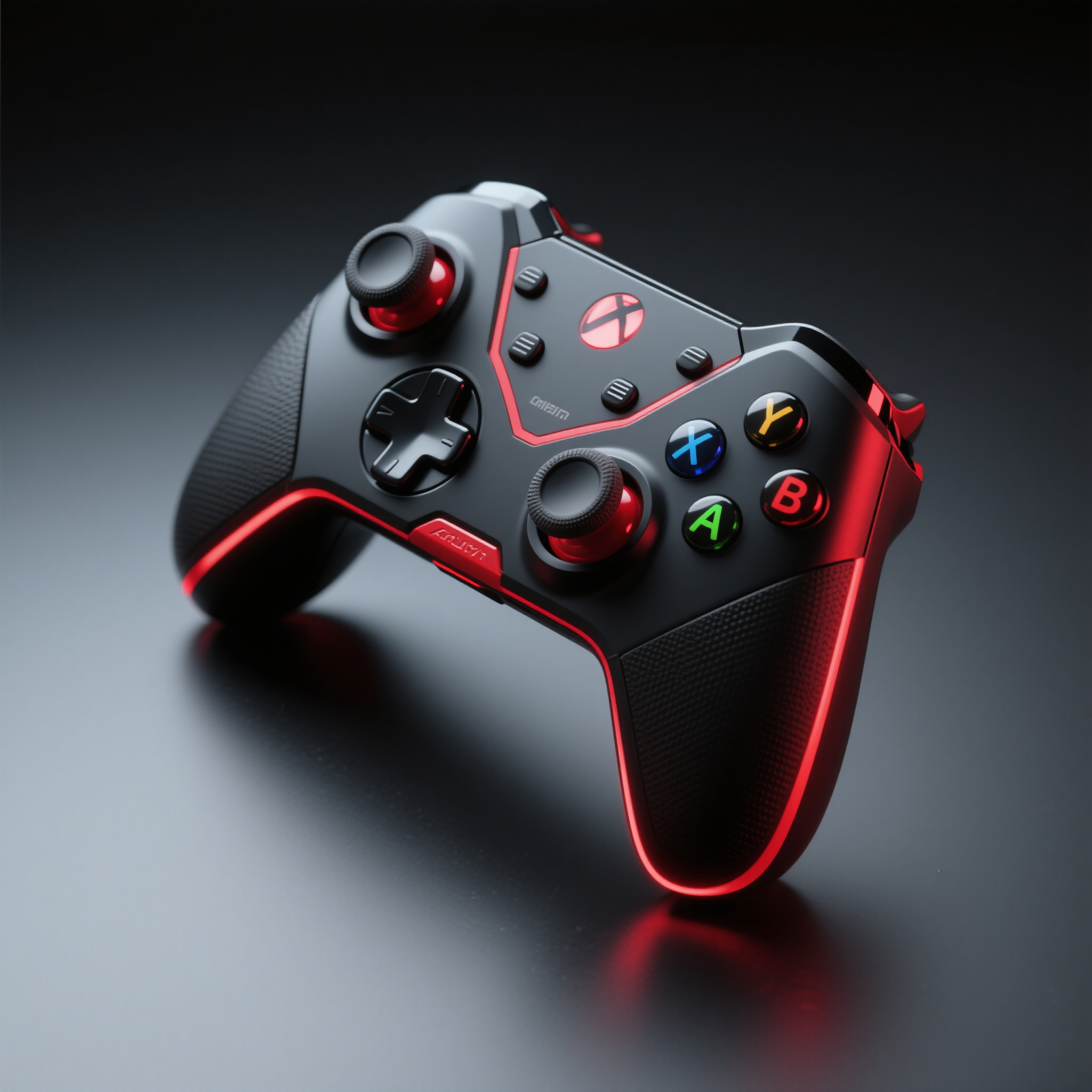 电商主图游戏手柄,数码产品电商主图,游戏手柄,黑红配色,按键细节清晰,人体工程学设计,游戏科技感,RGB灯光效果,产品斜角展示,暗色背景