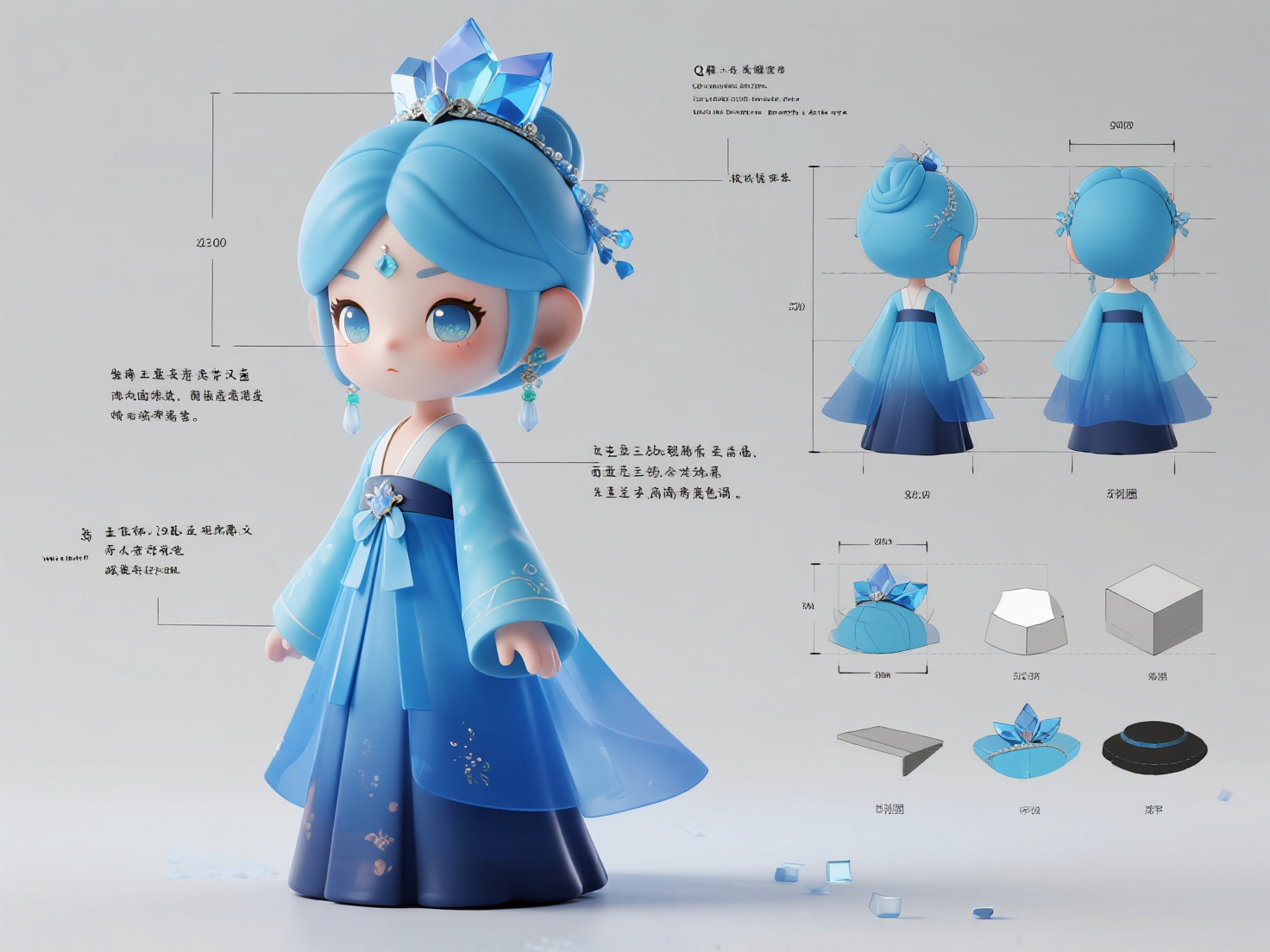 IP形象拆解设计,In the style of blueprint to make Q version 蓝水晶色汉服,小公主发型发饰,鹅蛋脸,贵气,真人,古风n, furry, design sketch. Dimensions and explanatory text notes are included. Lines and measurements shall be used to indicate the dimensions of each part to give the sketch a technical and detailed feel. In addition to the main design, it also includes scattered thumbnails showing different angles, 3D depth of field