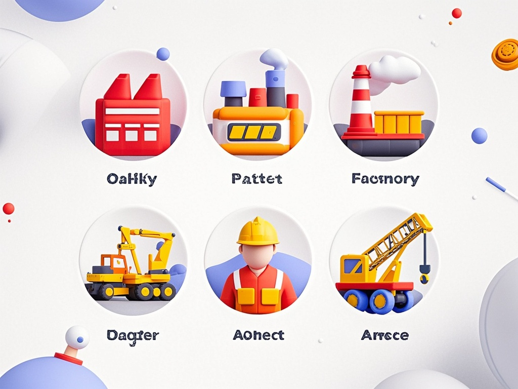 工业工人图标,3D图标,多种设计,图标顺序依次是:钢厂、基地、厂家、代理、码头,适用于UI,重点是钢厂基地采用工厂类元素,码头是以龙门吊之类的元素,代理商是以人物为主的元素,使用柔和的橡皮泥风格,背景为白色,风格参考Dribbble,高分辨率,以红色为主,黄色为辅,光线柔和。