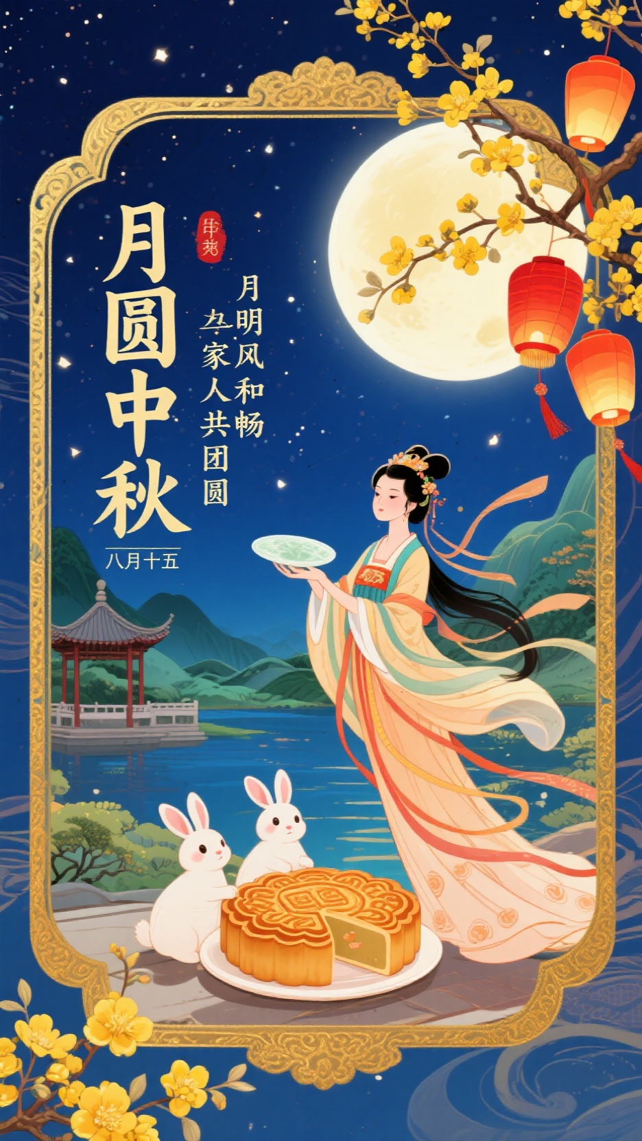 中秋海报,这幅插画以浓郁的中式风格,精彩呈现了中秋佳节的美好意境。深蓝色夜空为底,繁星闪烁,营造出静谧而浪漫的氛围。画面左侧,“月圆中秋” 四个大字苍劲有力,“八月十五” 点明日期,“月明风和畅 家人共团圆” 传递出节日的温馨期盼。右侧 “农历八月十五 中秋佳节 愿你和家人团圆 幸福安康”,表达了真挚祝福。画面中央,一轮明亮圆月高悬,月下是青山绿水与传统亭台,构成如诗如画的景致。仙女身着传统服饰,手持玉盘,衣带随风飘动,灵动飘逸。仙女旁的树下,两只可爱的小兔子围绕着月饼,增添了节日的欢乐氛围。金色花纹装饰的圆形边框,搭配开满黄色花朵的树枝,树枝上挂着红灯笼和孔明灯,寓意美好祈愿。整体画面色彩丰富绚丽,传统元素巧妙交织,将中秋佳节阖家团圆、幸福美满的氛围烘托得淋漓尽致,给人带来视觉与情感的双重享受。